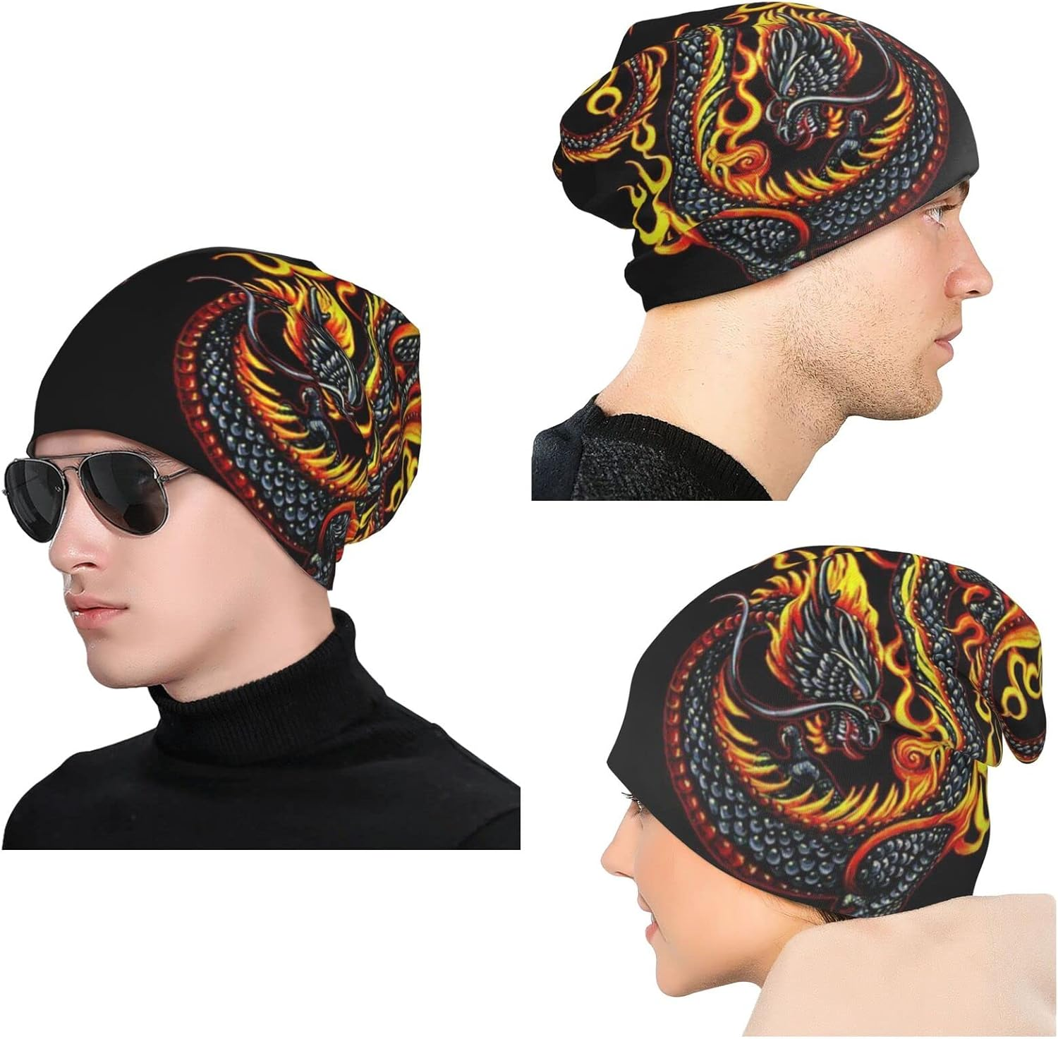 Fire Chinese Dragon Beanie Hat Stretch Scarf Head Wrap for Men and Women Winter Warm Outdoor Funny Hats Knit Cap, Fire Chinese Dragon, One Size image number 4