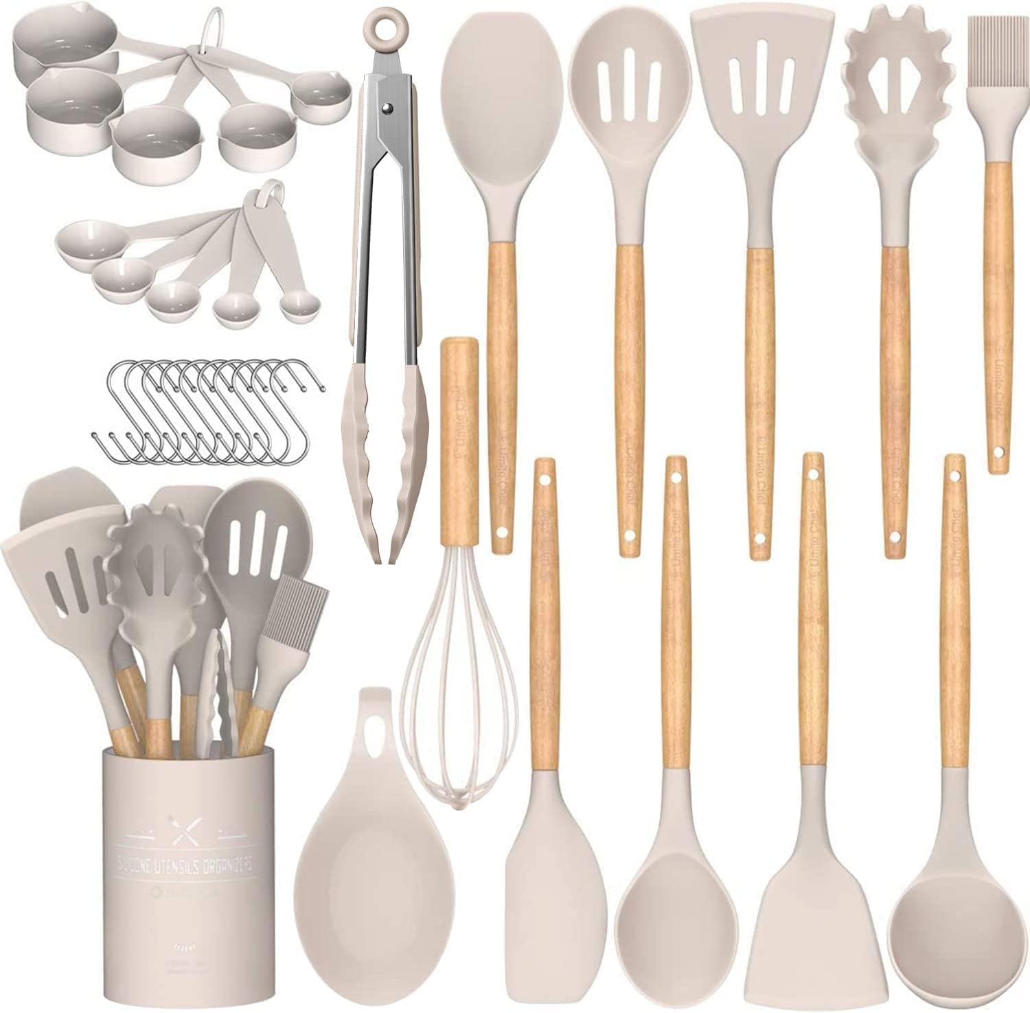 Kitchen Utensil Set Silicone Cooking Utensils Umite Chef 24 Pcs Kitchen Utensils Tools Wooden Handle Spoons Silicone Utensil Set Spatulas Set Cookware Turner Tongs Whisk Kitchen Gadgets with Holder - Colorful image number 7