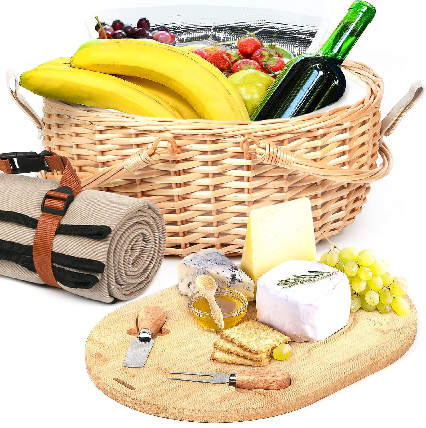 Hap Tim Dual Wicker Picnic Basket Set with Blanket for 2 - Unique Gifts Ideas for Couple, Engagement, Wedding, Bridal Shower, Family, Christmas - White Elephant Gifts for Adults（Au2408A-2） image number 5