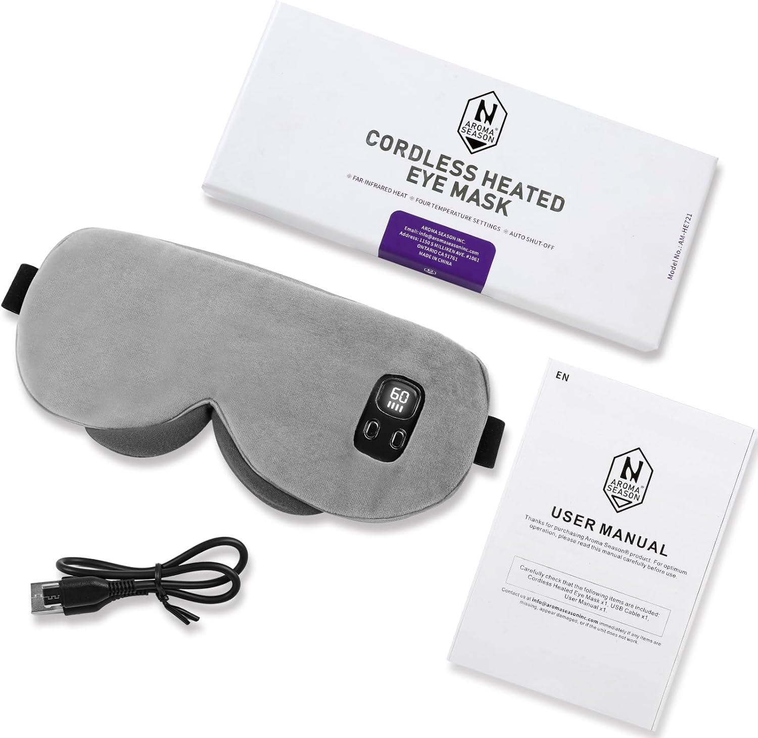 Aroma Season Heated Eye Mask, Cordless Warm Eye Compress, 4 Temperature Level, Light-Blocking,1000Mah, Washable Design, Gifts for Men Women(Grey) image number 2