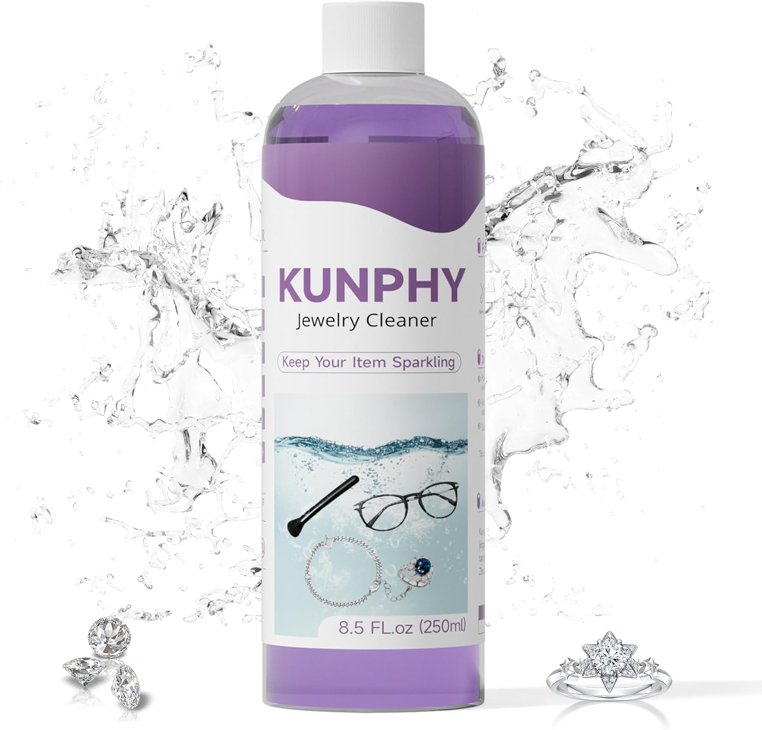 KUNPHY Jewelry Cleaner, Sonic Cleaner Solution - Jewelry Cleaner for Gold, Silver, Platinum Diamonds and Non-Porous Precious & Semi-Precious Jewelry 4 Oz(120Ml)