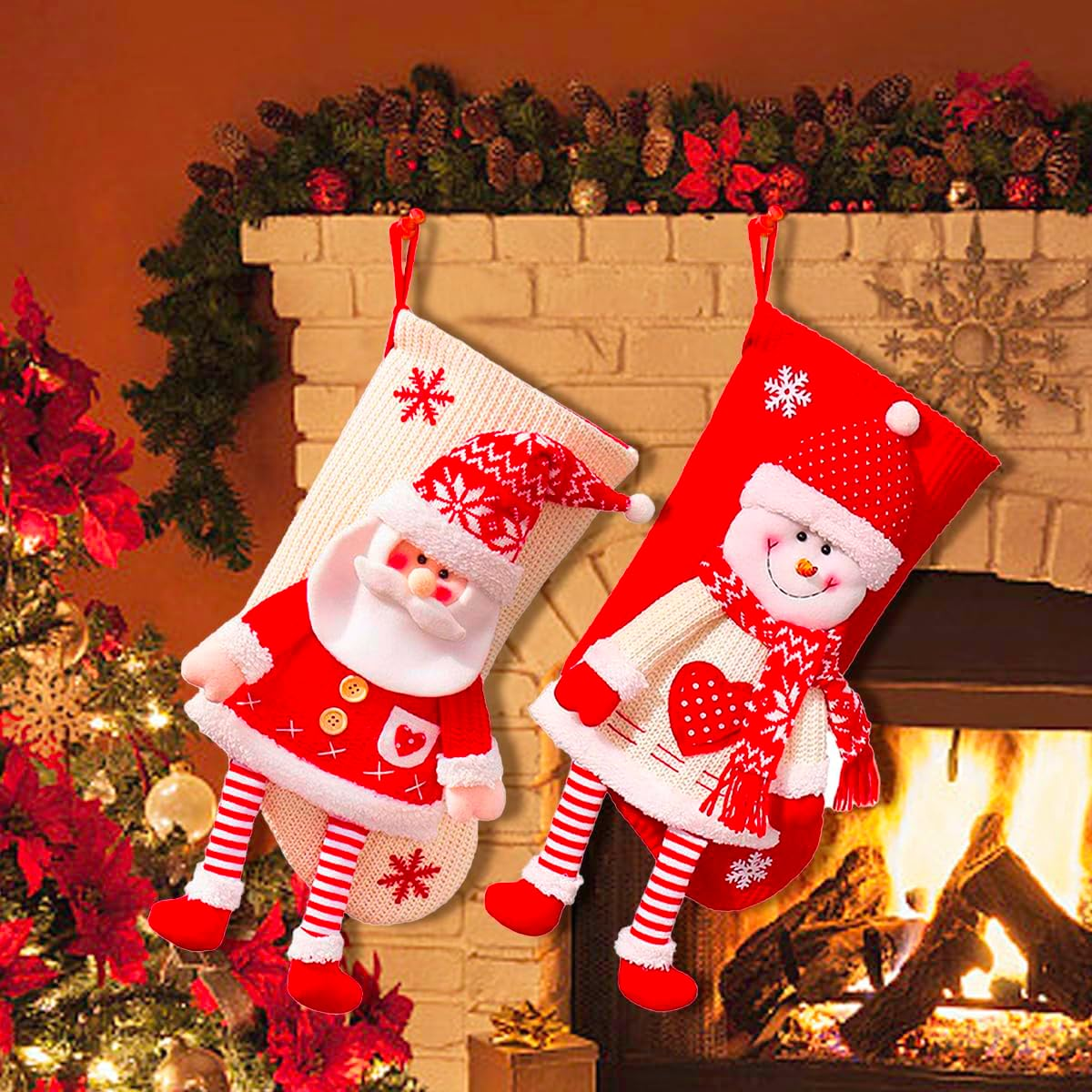 20 Inch Christmas Stockings Set, Large Personalized Christmas Stockings 2 Pack, Knitted Santa Snowman Socks 3D Pattern, Eve Candy Stocking Gifts Bag for for Holiday Xmas Party Decorations