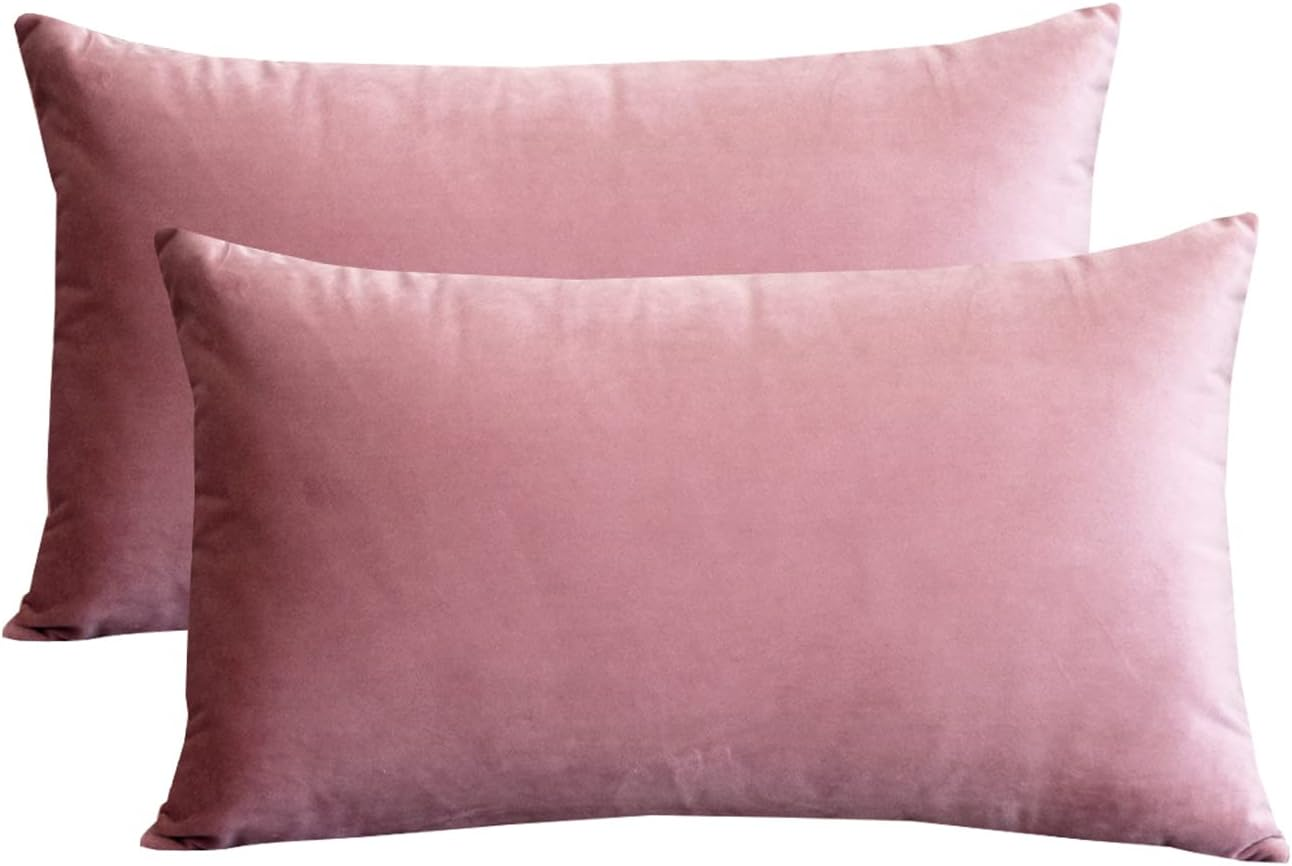 Lutanky Velvet Cushion Covers (Pack of 2) Lovely Rectangle Throw Pillow Cases Soft Solid Decorative Pillow Covers for Sofa Bedroom Car 12X20 Inch 30 X 50 Cm (Pink, 2 Pieces) image number 2