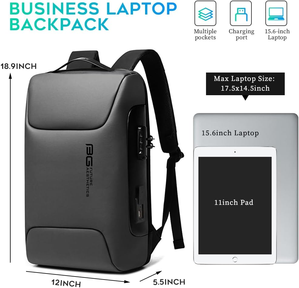 BANGE anti Theft Business Laptop Backpack Fits 15.6 Inch Notebook,Smart Work Backpack with USB Charging Port for School Office College Airplane, Black, Medium, Laptop 7216 image number 4