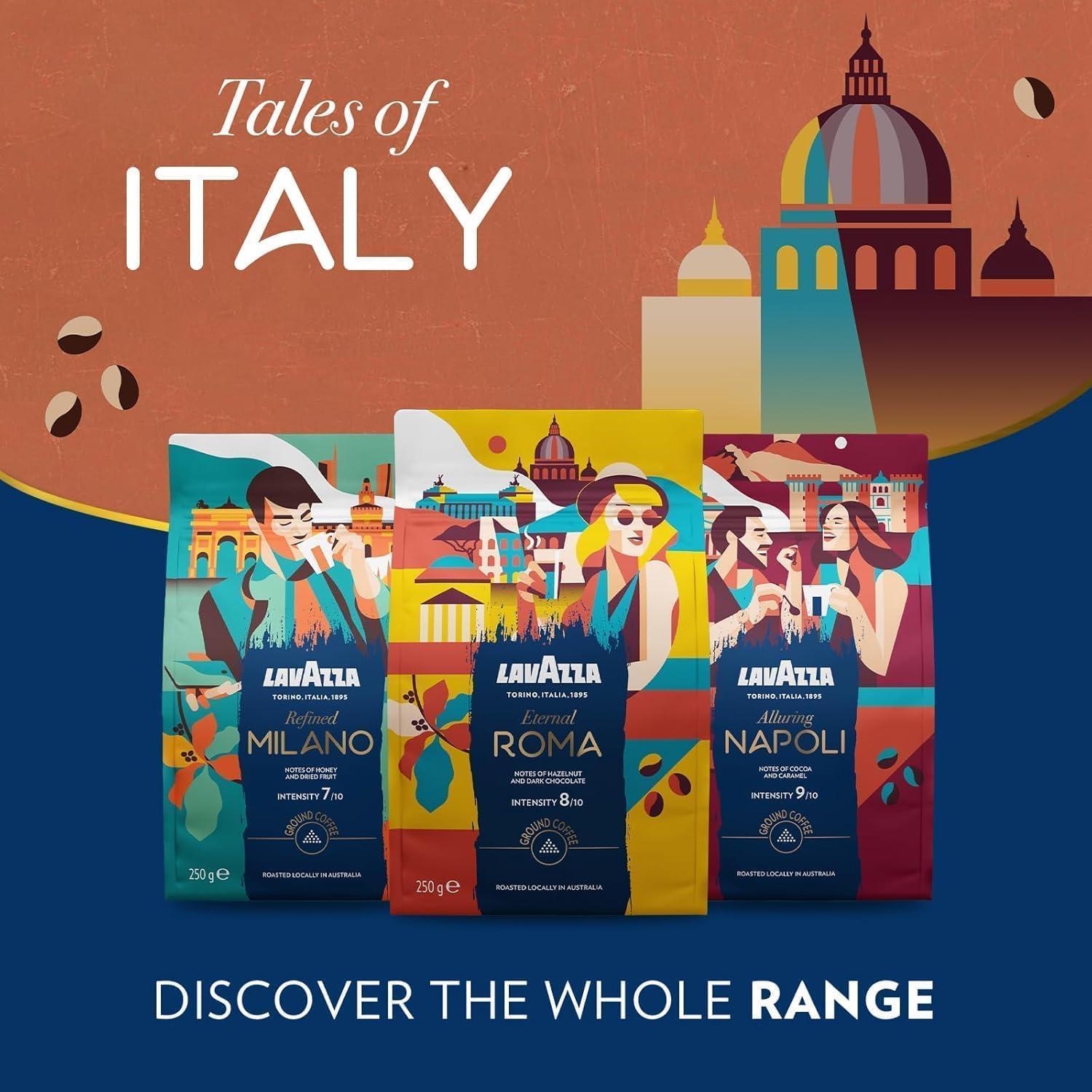 Lavazza, Tales of Italy Eternal Roma, 1 Kg, Ground Coffee, Ideal for Moka Pot, with Notes of Hazelnut & Dark Chocolate, Arabica & Robusta, Intensity 8/10, Medium Roasting, Roasted in Australia, 4X250G