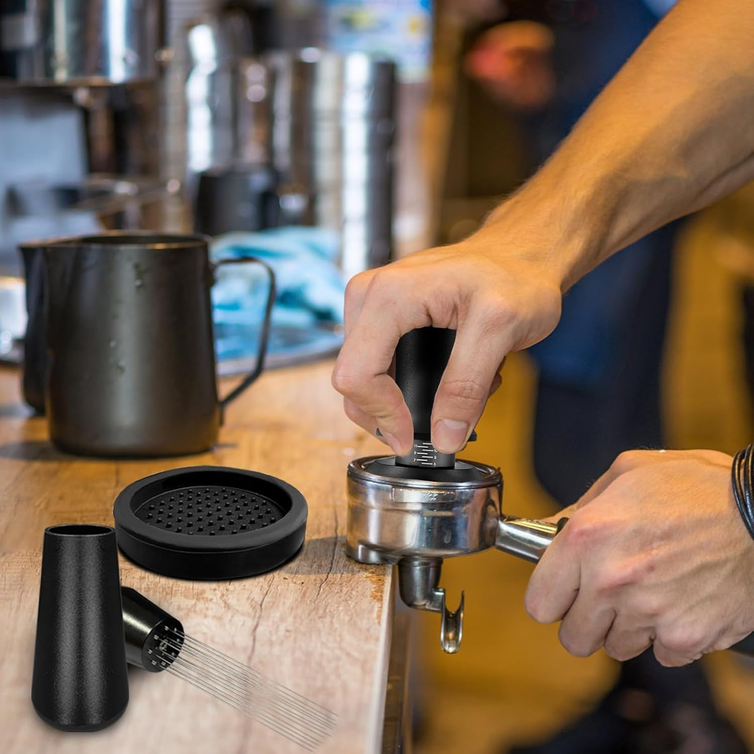 53Mm Espresso Tamper, with Spring Loaded Calibrated Espresso Tamper with Silicone Tamper Mat with Scale Adjustment, Espresso Distribution Tool, Stainless Steel Base Tamper for Espresso Coffee Machine image number 3