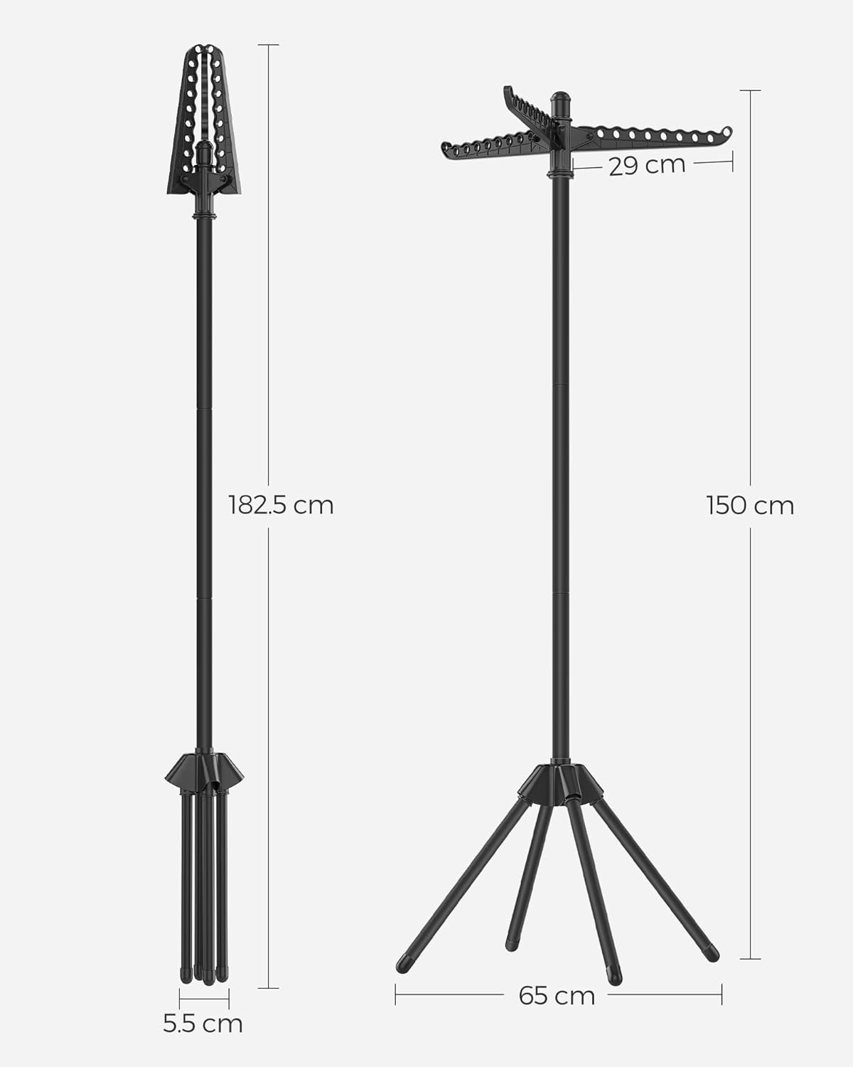 SONGMICS Clothes Airer, Clothes Drying Rack with 3 Rotatable Arms for Hangers, 4-Leg Indoor Folding Laundry Rack, Stainless Steel, for 27 Pieces of Clothes, 150 Cm High, Black LLR510B01 image number 4