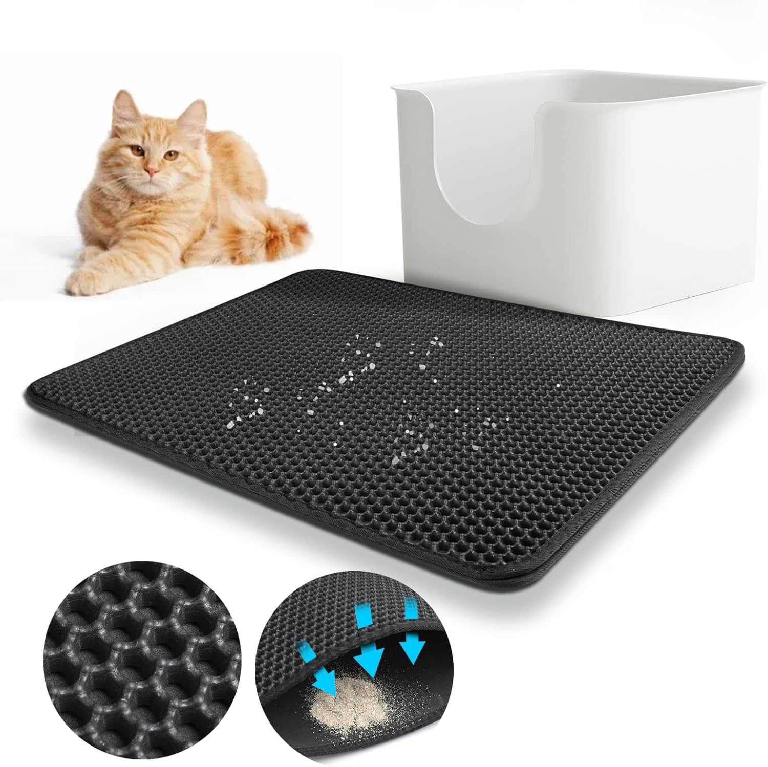 Baytion Cat Litter Mat, Litter Tray Mat 60 X 44 Cm for Cat Litter Box and Cat Toilet, Double Layer Trapping Mat, Big Honeycomb Holes, Waterproof Urine Proof, EVA Material BPA Free (Black） image number 3