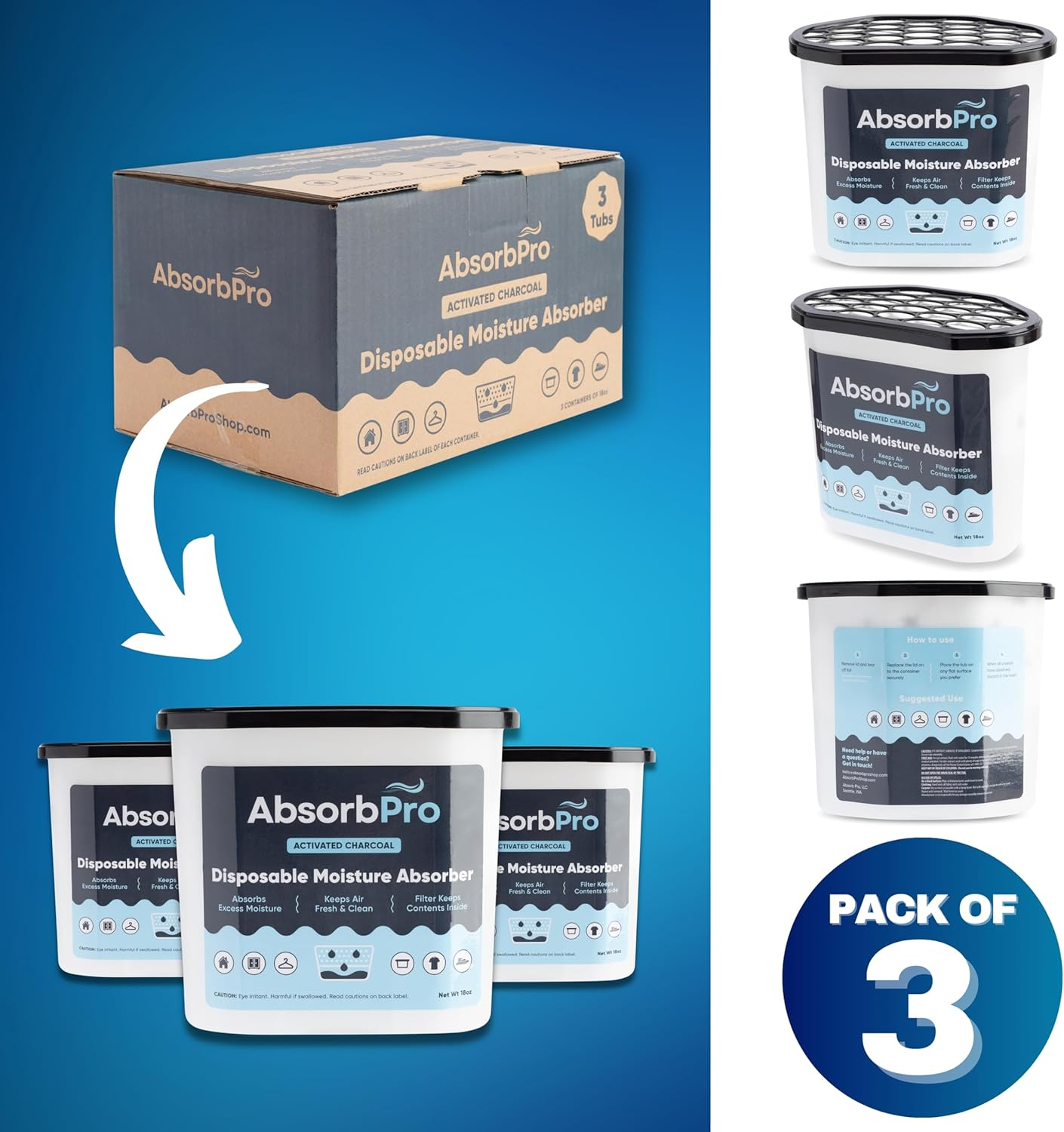 Moisture Absorber Tub with Activated Charcoal - 3-Pack - 18 Oz Disposable Odor Eliminator Box & Dehumidifier for Garage, Home, Kitchen, Bedroom, Bathroom, Closet, Cars, and Boats image number 1