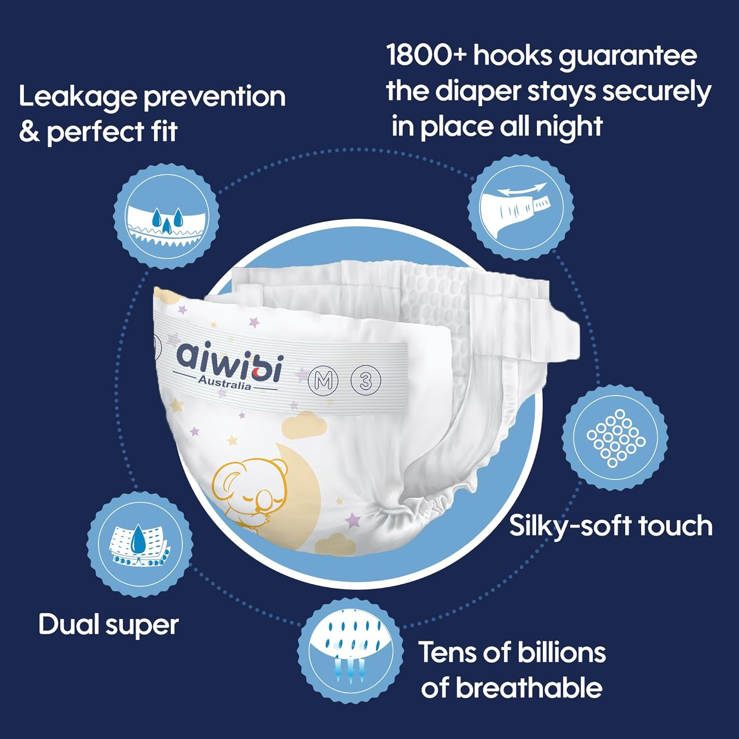 AIWIBI Ultimate Comfort Size 2 Overnight Nappies, Disposable Baby Nappy, (3-6 Kg) 60 Count, Super Absorbent Night Time Protection