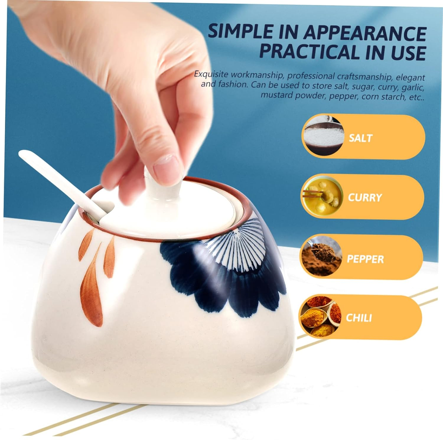 GRIRIW Ceramic Storage Jar with Spoon 300Ml Japanese Style Porcelain Sauce Canister Orchid Pattern Kitchen Condiment Container for Home Cooking image number 1