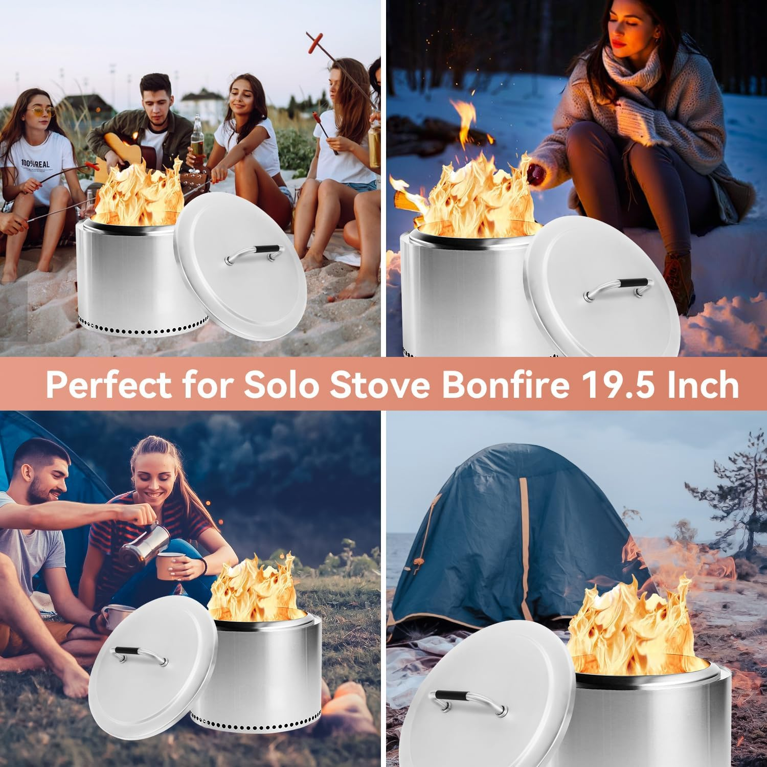 Fire Pit Lid Accessory for Solo Stove Bonfire 2.0, 19.5 Inch 304 Stainless Steel Fire Pits round Cover Lid with Heat Resistant Handle for Solo Stove Bonfire and Other 19.5" Outdoor Firepit Accessory