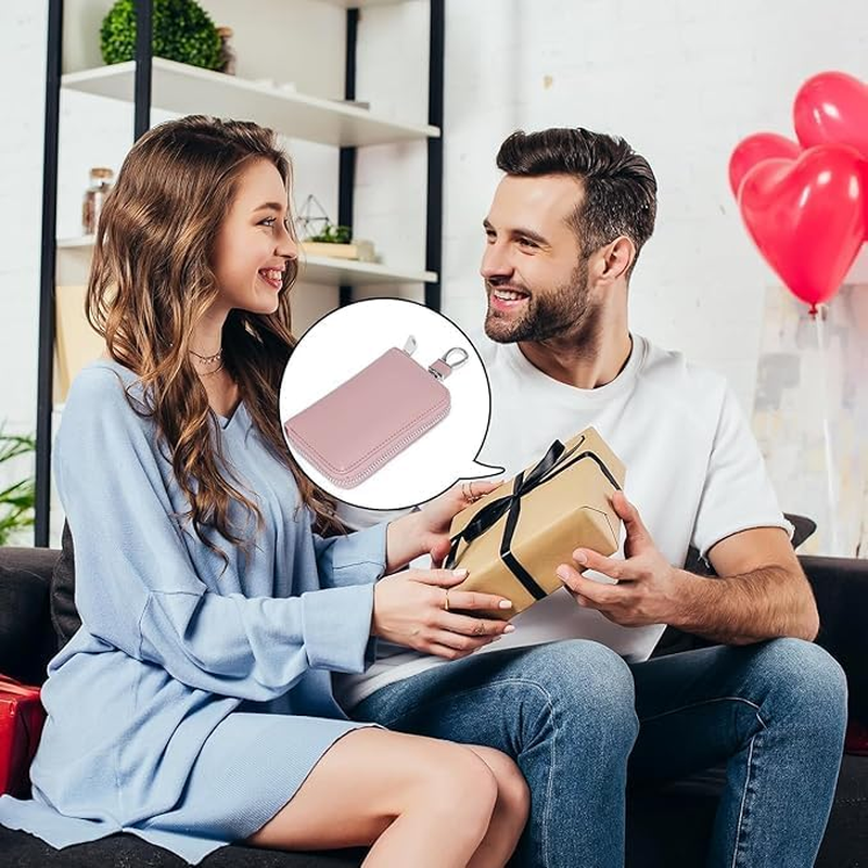 Car Keychain Key Bag,Multi-Functional Car Home Key ID Card Bank Card Organizer Bag with Zip and Rotatable Hook (Pink) image number 4