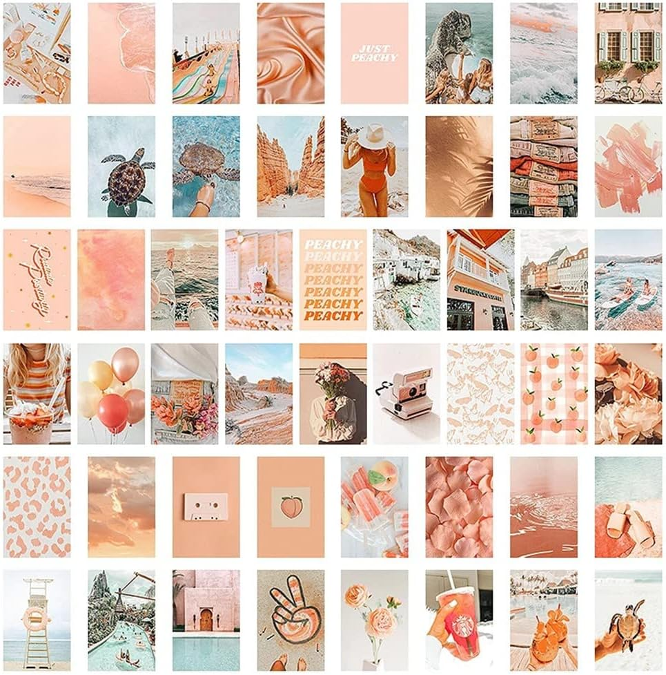 Kiperpon 50Pcs Peach Beach Aesthetic Pictures for Wall Collage Boho Style Collage Print Kits Teal Color Room Decorations For