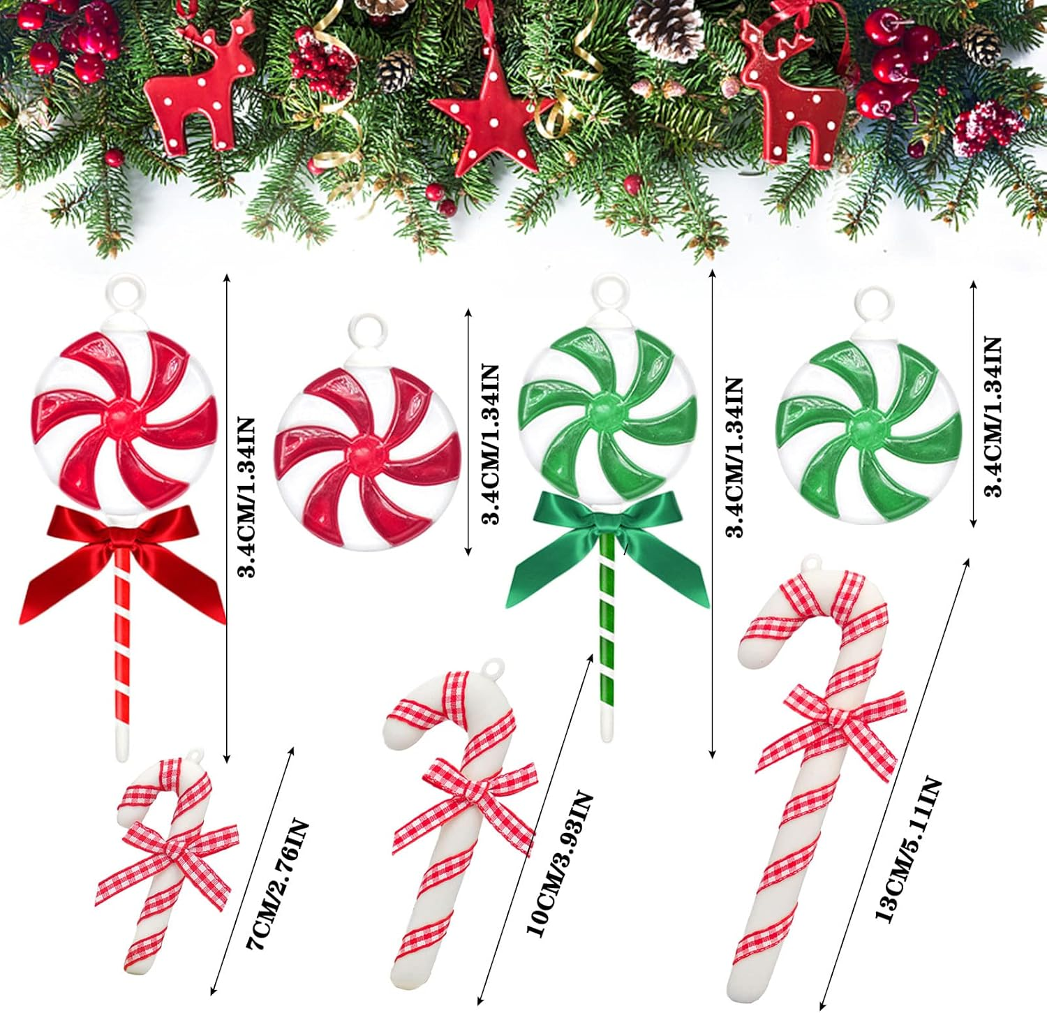 35 Pcs Shatterproof Christmas Candy Decorations Plastic Candy Cane Swirl Peppermint Lollipop Christmas Tree Hanging Ornaments, Colorful Acrylic Sweets Pendant with Bow & Rope for Holiday Party Supply image number 2