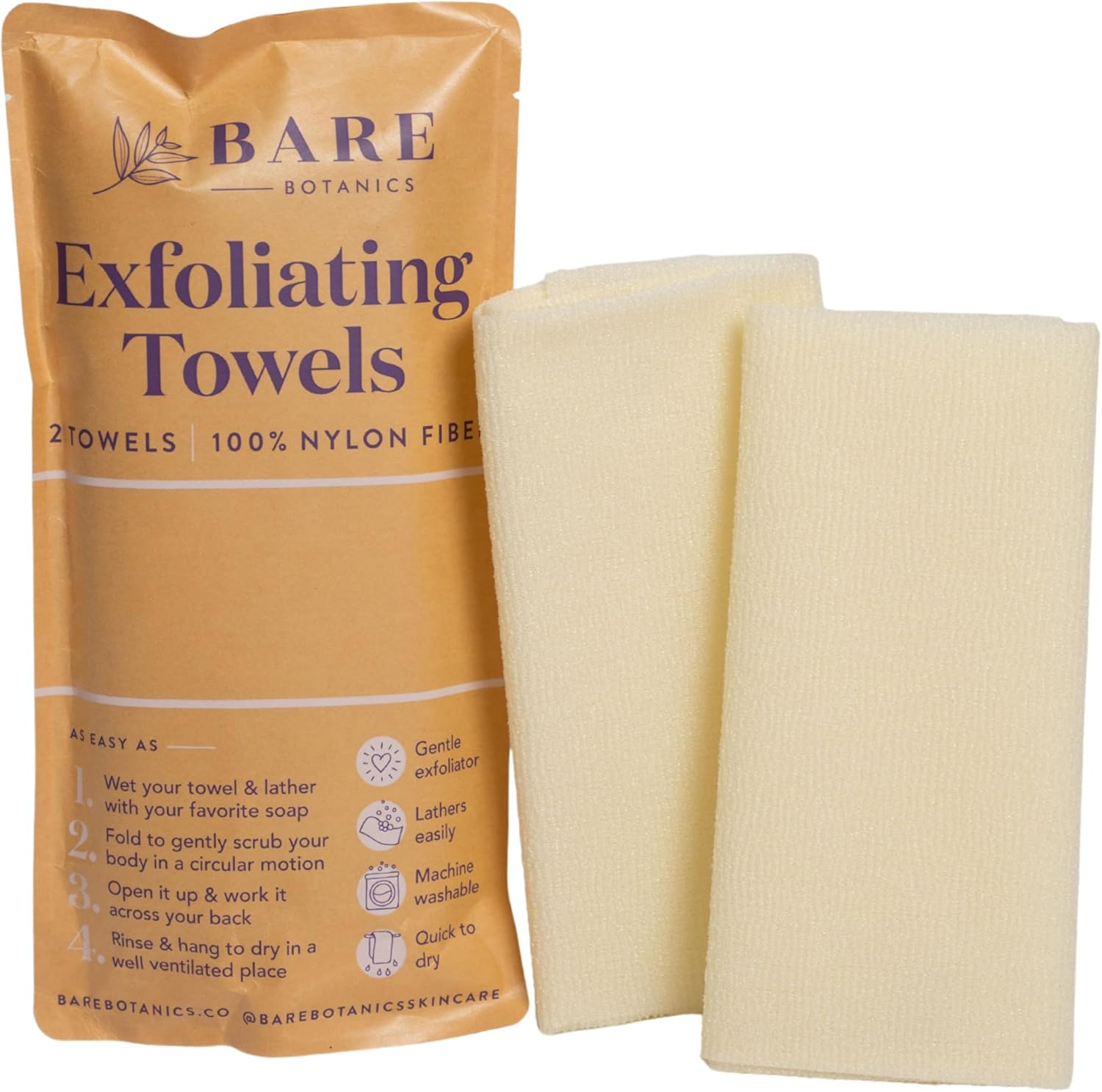 Bare Botanics Exfoliating Towels 2 Pcs (Lavender) &ndash; 100% Nylon Fiber &ndash; Textured Bath Towels &ndash; Shower Scrubber for Smooth Skin &ndash; Suitable for Wet or Dry Use