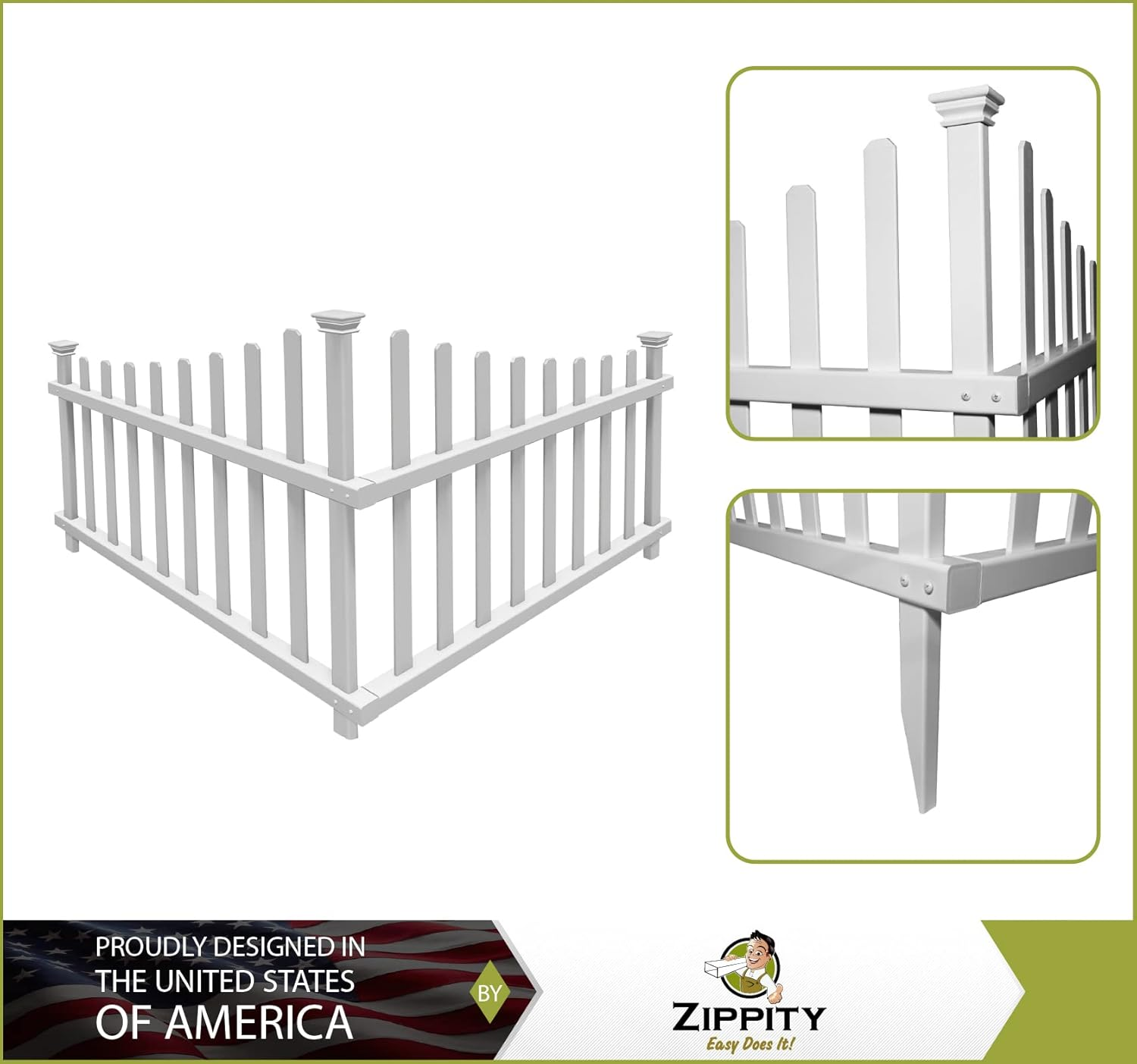 Zippity Outdoor Products ZP19007 No Dig Vinyl Corner Picket Unassembled Accent Fence, 42" X 30", White image number 4
