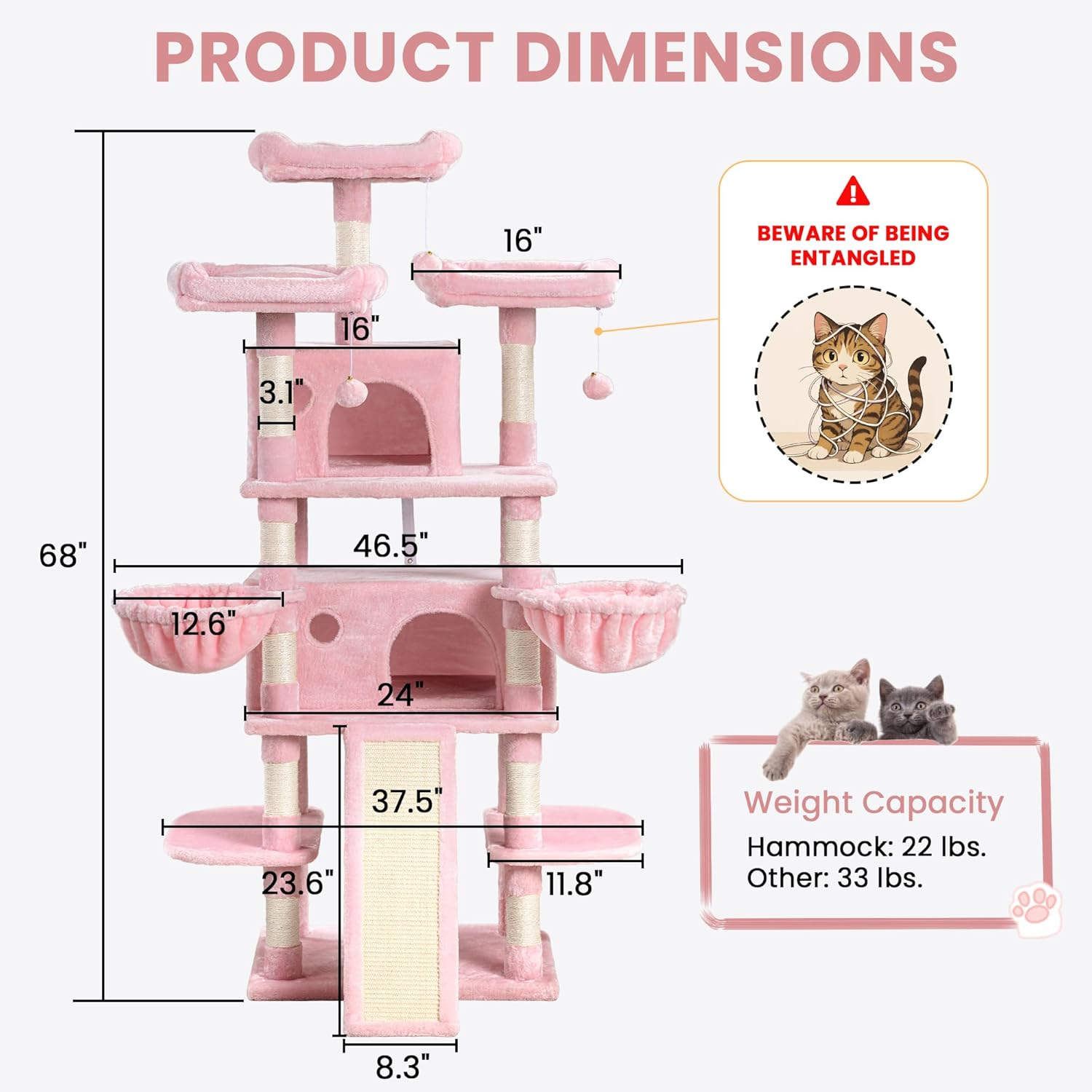 SHA CERLIN 68 Inches Multi-Level Large Cat Tree for Large Kitties/Big Cat Tower with Condo/Cozy Plush &zwnj;Pussycat Perches/Sisal Scratching Posts and Hammocks/Activity Center/Pink image number 5
