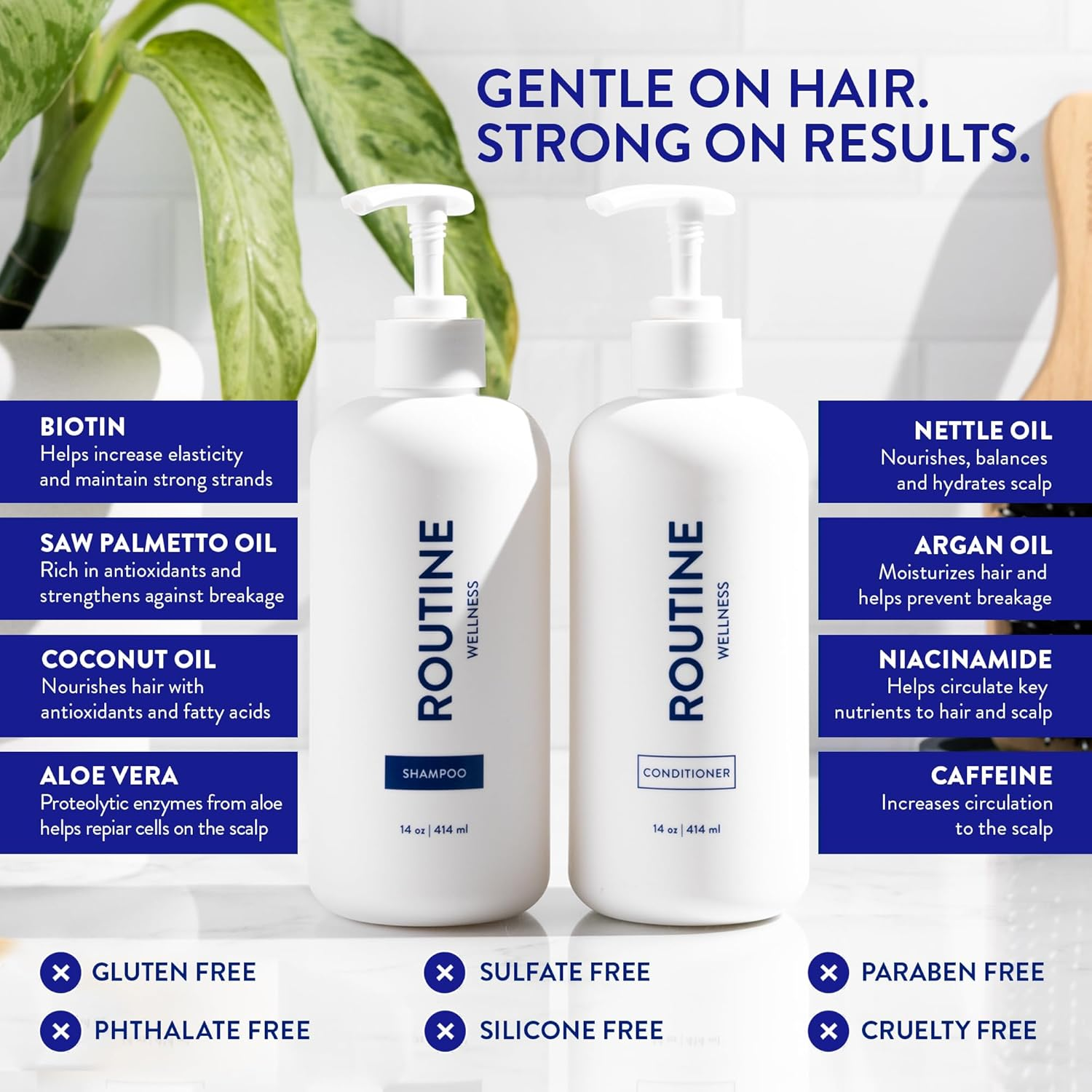 Routine Wellness Shampoo and Conditioner Set for Stronger Hair - Biotin | Color Safe | Sulfate-Free | Vegan | Clinically Tested | Nourishing Oils and Vitamins - Unscented 14Oz (Pack of 2) image number 2