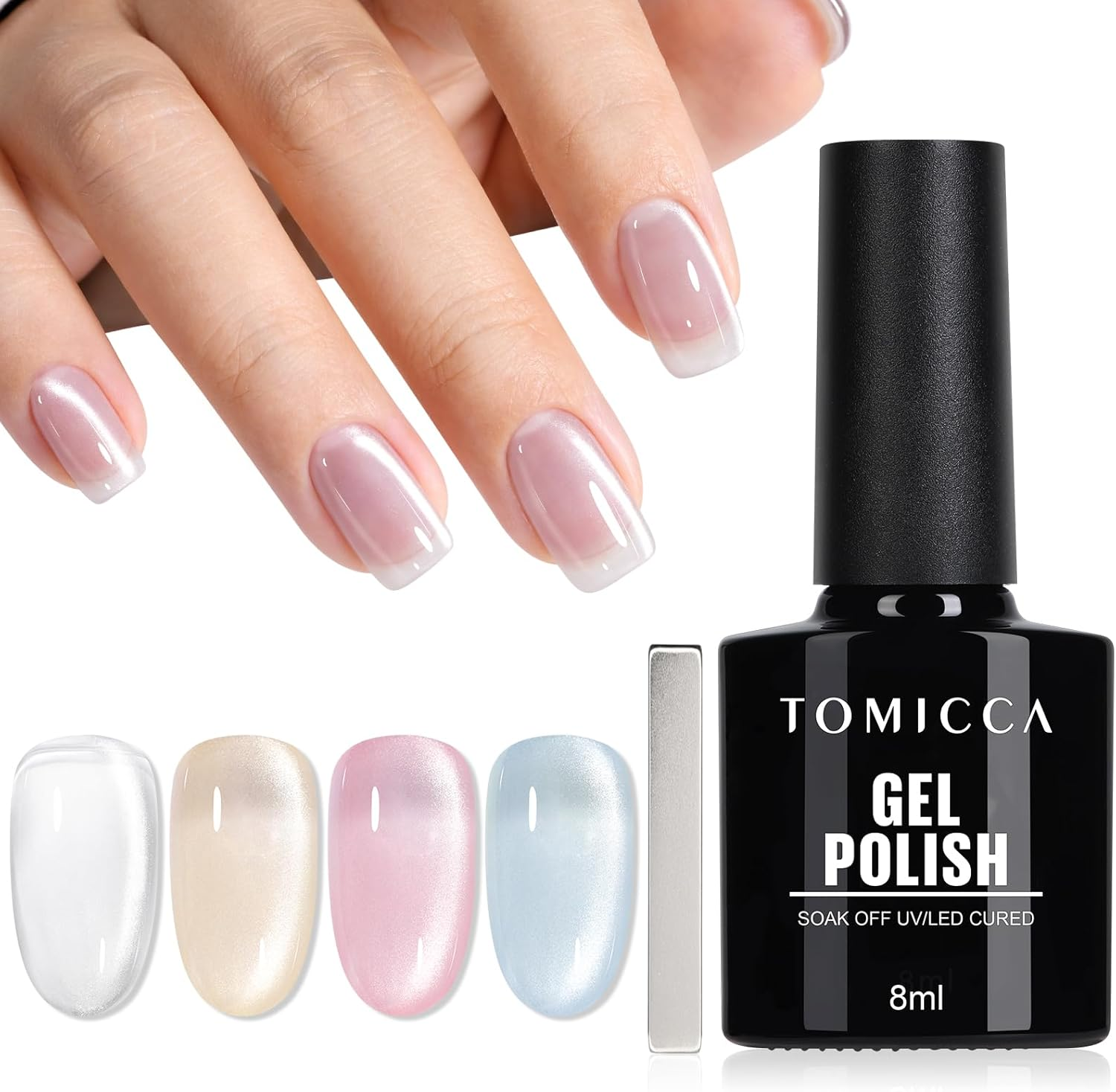 TOMICCA Cat Eye Jelly Gel Nail Polish Set, 4 Pcs Light Color Gel Polish Set Color Gel Nail Polish Soak off LED/UV Gel Polish Set for DIY Nail Salon