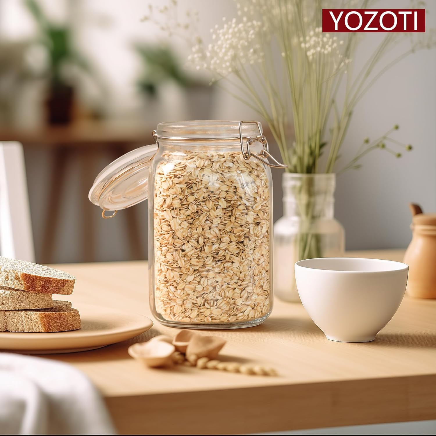 YOZOTI 50Oz Airtight Glass Jars with Lids, 3 PCS Food Storage Canister for Kitchen & Pantry Organization and Storage, Square Mason Jar Containers for Storing Sugar, Flour, Cereal,Coffee,Cookies image number 4