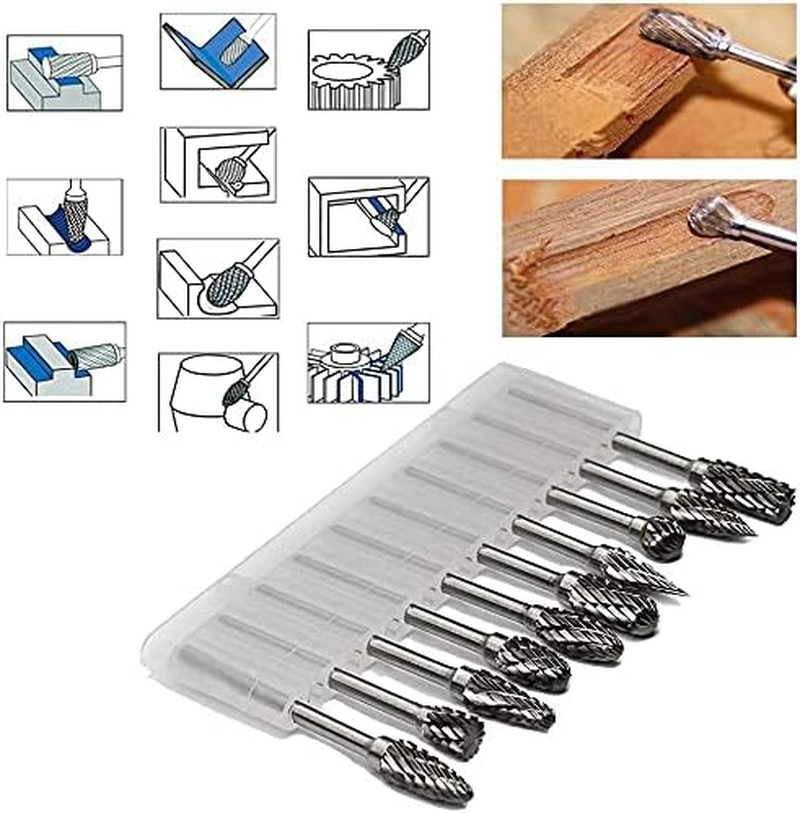 Double Cut Carbide Rotary Burr Set - 10 Pcs 1/8" Shank, 1/4" Head Length Tungsten Steel for Woodworking,Drilling, Metal Carving, Engraving, Polishing image number 2