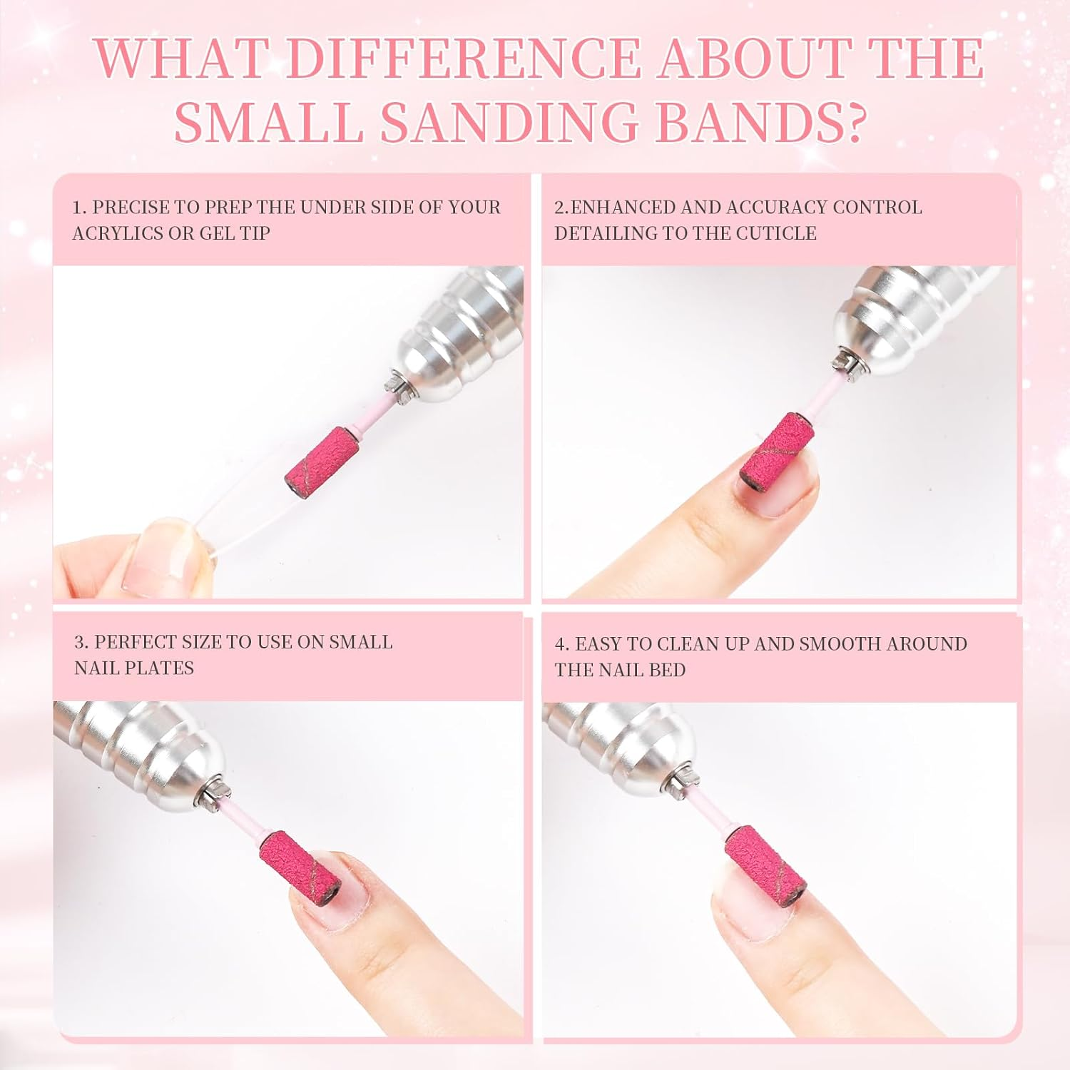 Heemeei Small Sanding Bands for Nail Drill, 100Pcs Mini Sanding Bands 180 Medium Grits with Upgrade Design 3.1Mm Mandrel Bits for Acrylic Nails Gel Manicures and Pedicure (Pink) image number 1