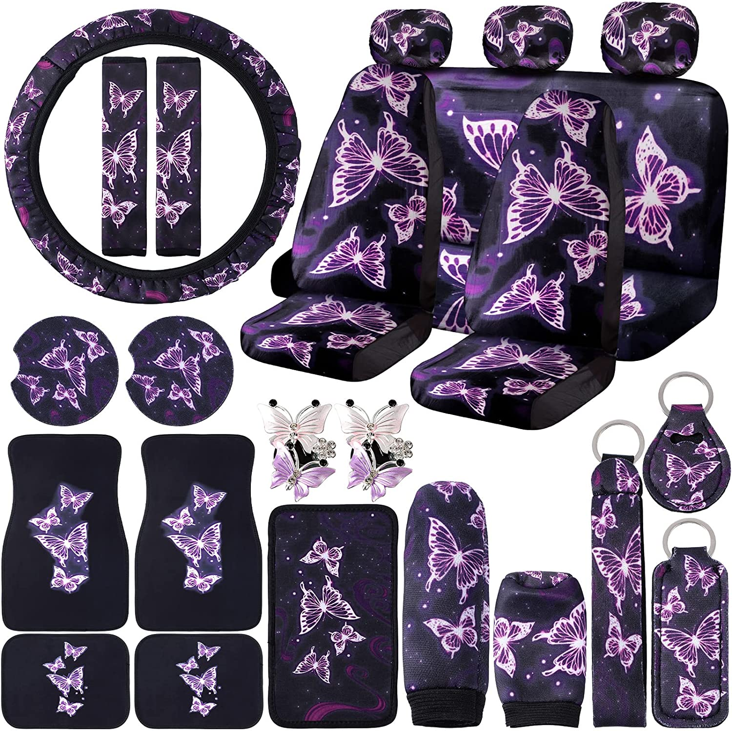Frienda 24 PCS Butterfly Car Accessories Car Seat Covers Full Set Floor Mats Steering Wheel Cover Seat Belt Pads Center Console Pad Cup Holders for Women(Purple Butterfly Pattern)