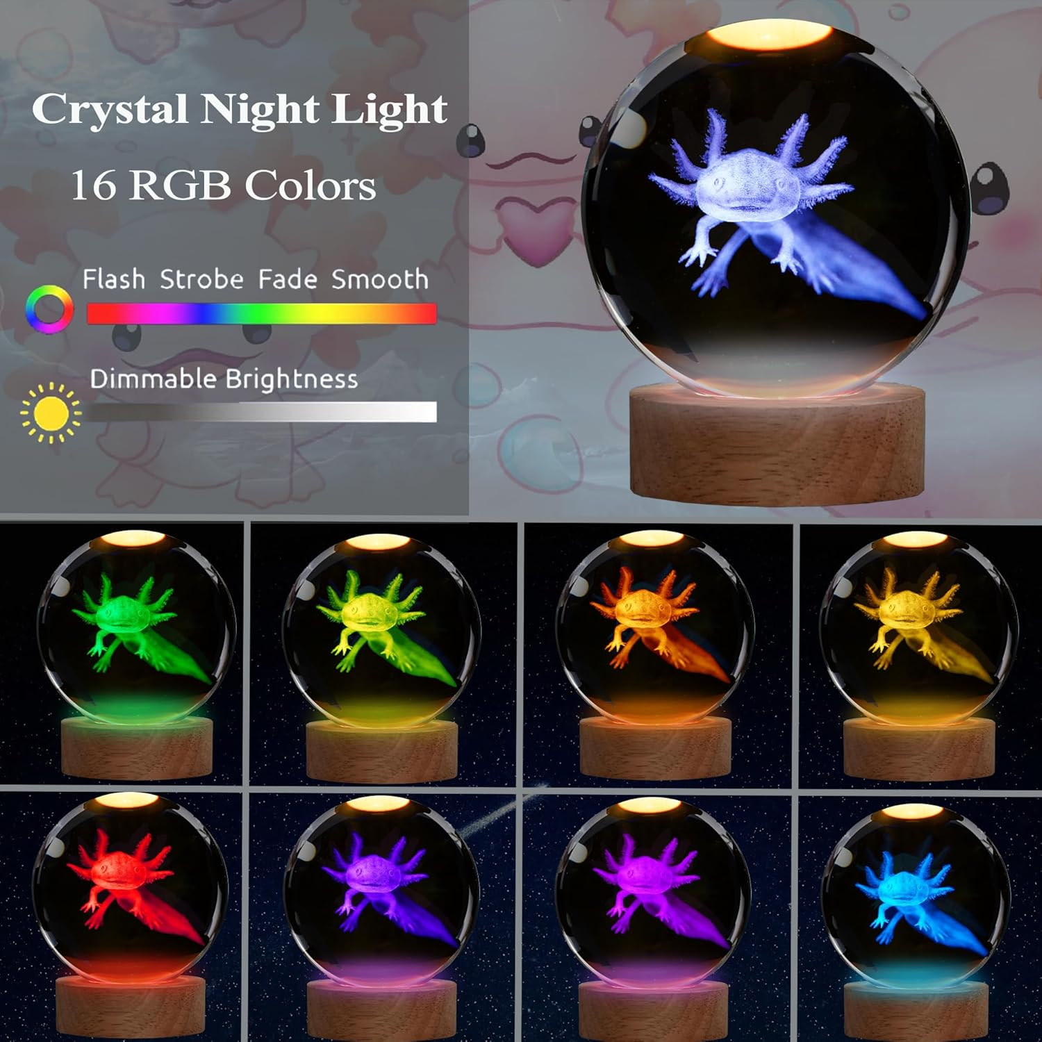 POSSHE Axolotl Night Light, 3D Crystal Ball Lamp with Remote, 16 Color, 3.15 Inch Crystal Ball, Axolotl Figurines, Room Decor, Gifts image number 1