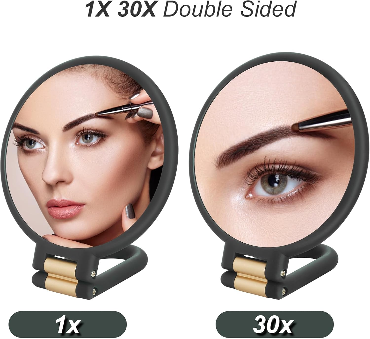 Magnifying Travel Mirror, Hand Mirror with Handle - Double Side Hand Held Mirror with 1X 30X Magnification & Foldable Handle, XICEN Portable Travel Makeup Hand Mirror for Women (Black) - Black image number 1