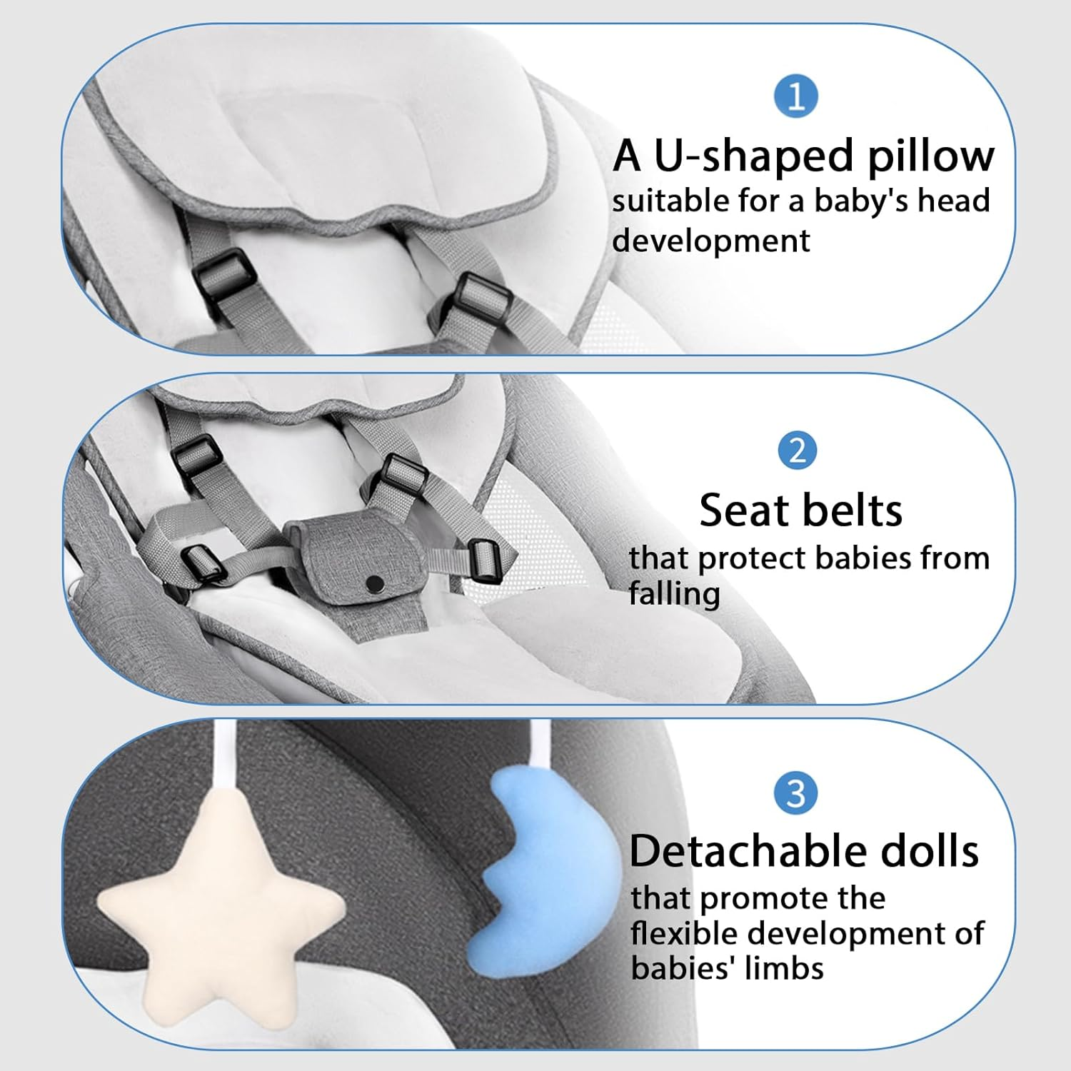 TNF Baby Bouncer for Infants, Portable Baby Swing Electric with 5 Point Harness, 5 Speeds and Music, Baby Bouncer with Machine Washable Seat Cover, Two Dolls and a Mosquio Net, Gray image number 6