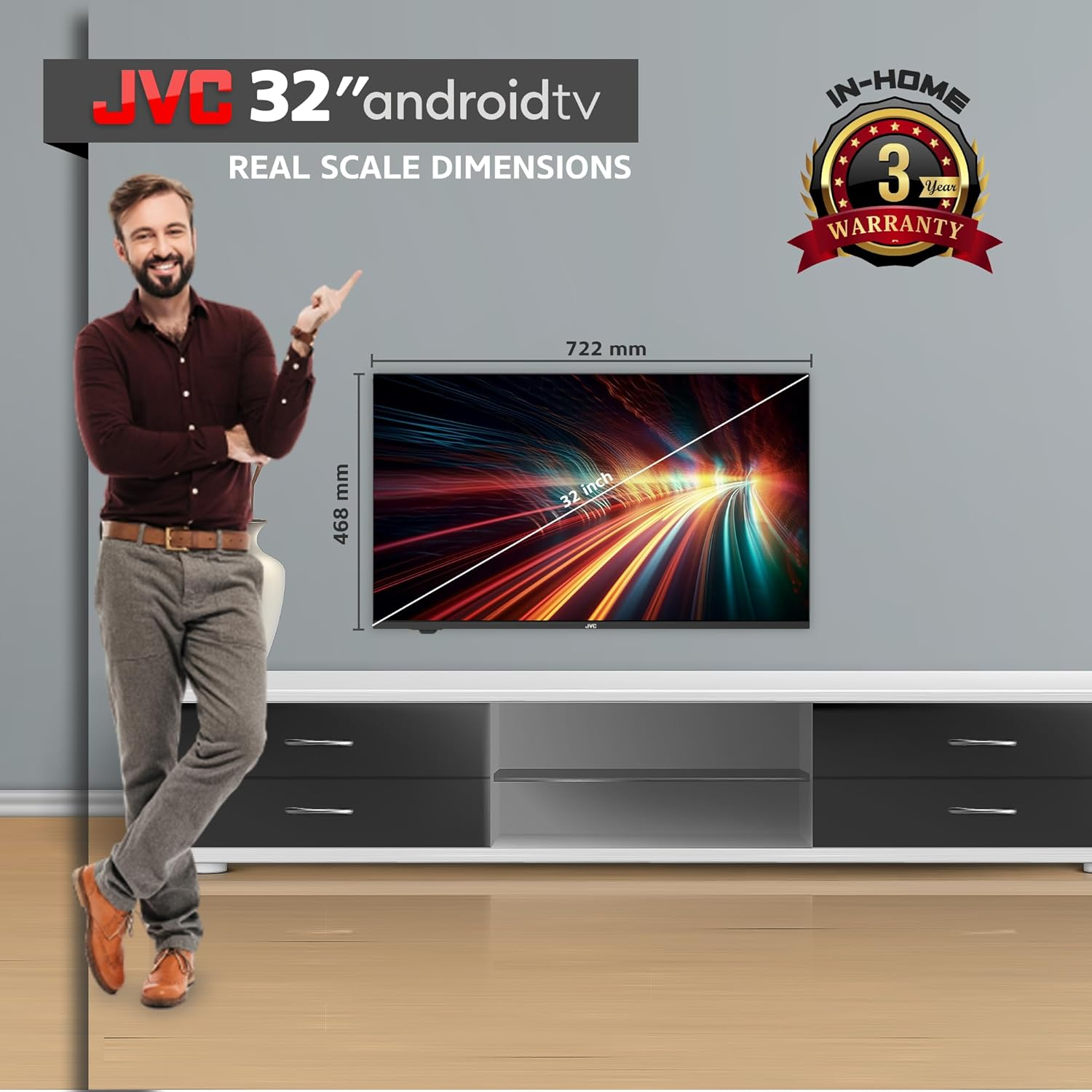 JVC 32 Inch Smart TV | HD Edgeless Android TV | 32" Television with Built-In Chromecast, LED Display | Remote Control with Voice Commands via Google Assistant | 10000 Apps | AV-H323115A11