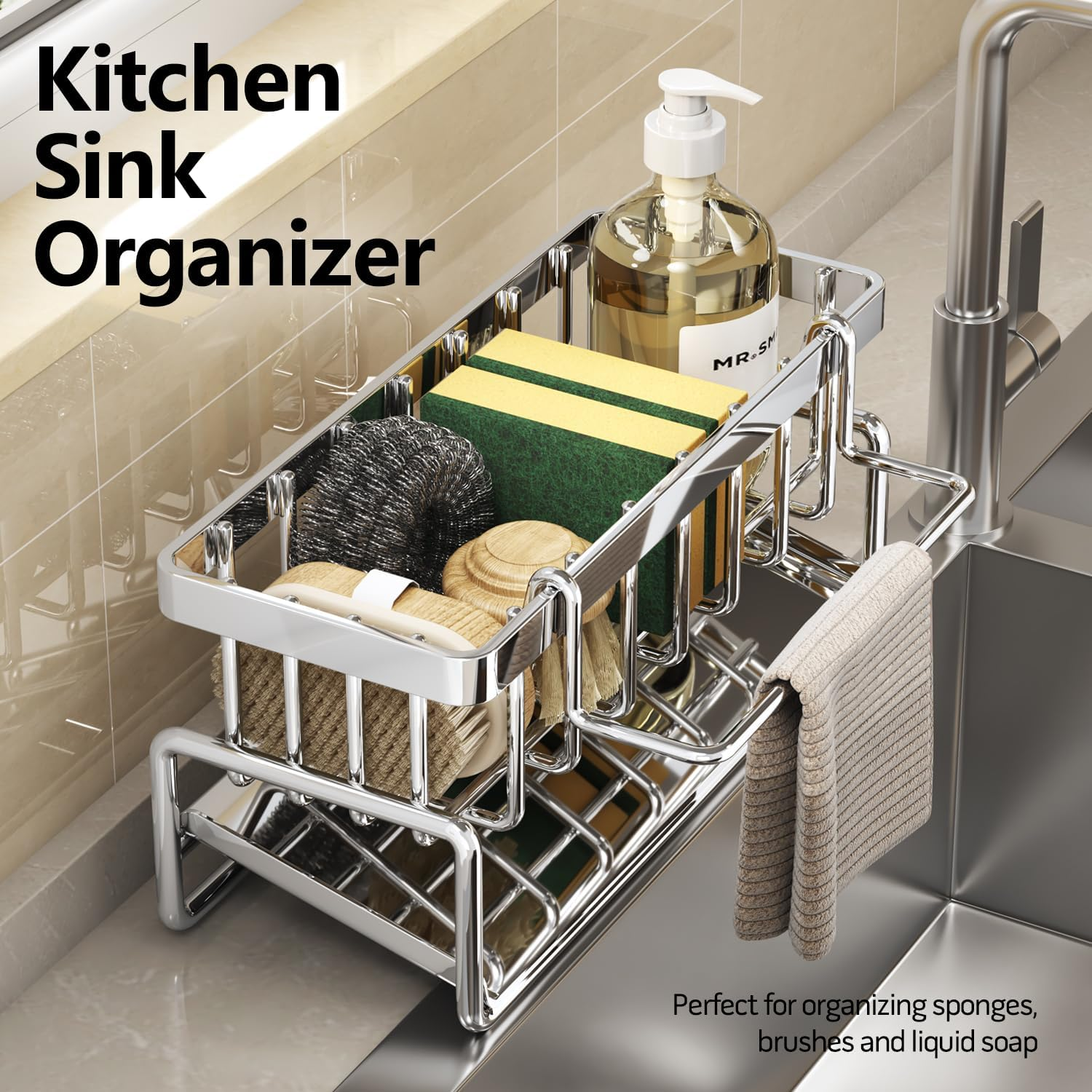 Beauty Nymph Sponge Holder for Kitchen Sink Storage Rack Kitchen Organizer Soap Brush Dispenser Sink Caddy Organizer with Dishcloth Towel Holder image number 1