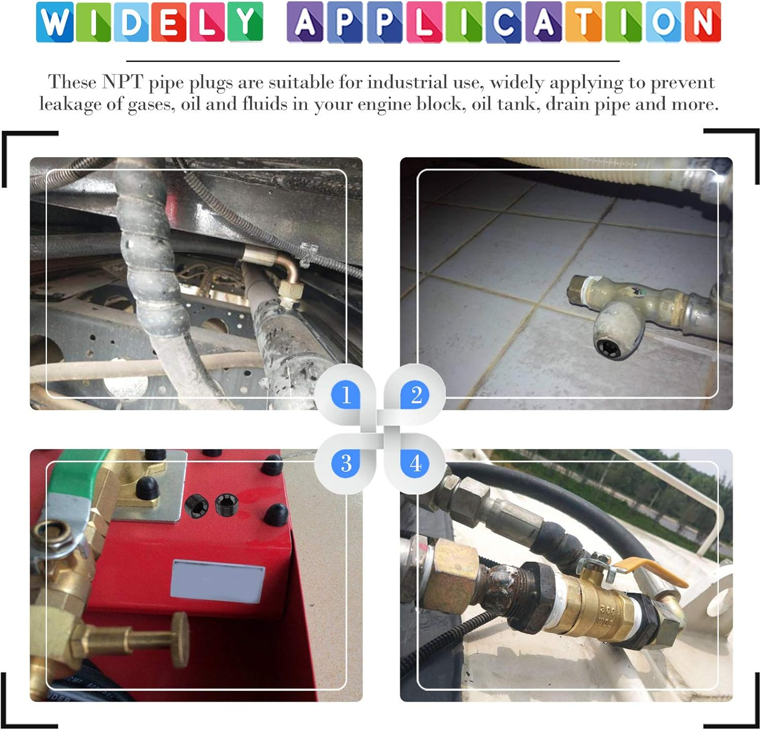 Glarks 60Pcs Carbon Steel 1/8 Inch 1/4 Inch 3/8 Inch 1/2 Inch 3/4 Inch NPT Male Pipe Plug Fitting Assortment Set Internal Hex Thread Socket Pipe Plug Kit image number 3