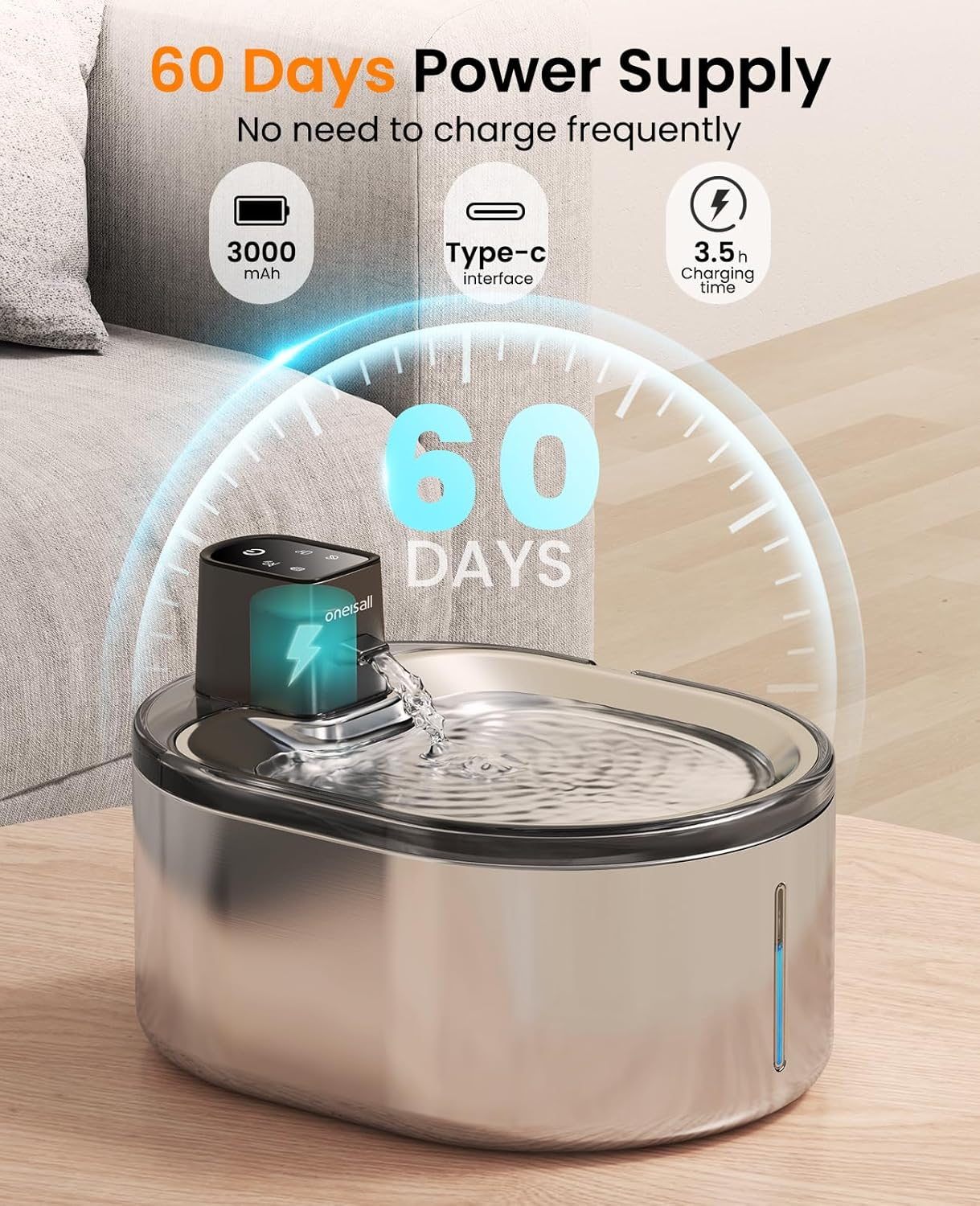 Oneisall 4L Drinking Fountain for Cats, Wireless Stainless Steel, Cat Fountain Wireless with Motion Sensor, 60 Days Operating Time per Charge, Super Quiet Pump, Filter, Water Fountain for Cats, Small