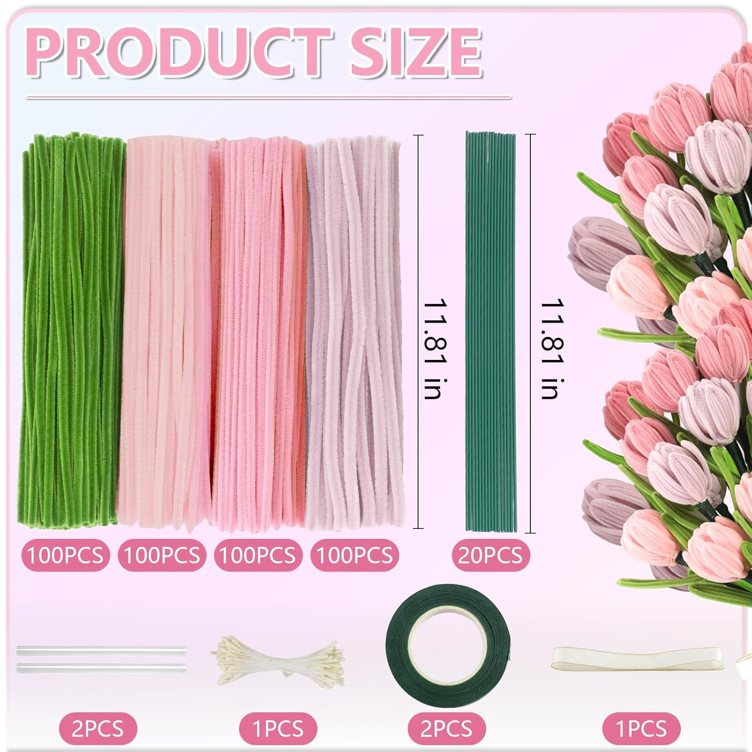 XUANZHI 400 Pcs Pipe Cleaners Craft,4 Assorted Colors Pipe Cleaners Bulk, Chenille Stems for DIY Flower Making Kit with Floral Wires, Gardening Tape,Stamen& Ribbon (Pink)