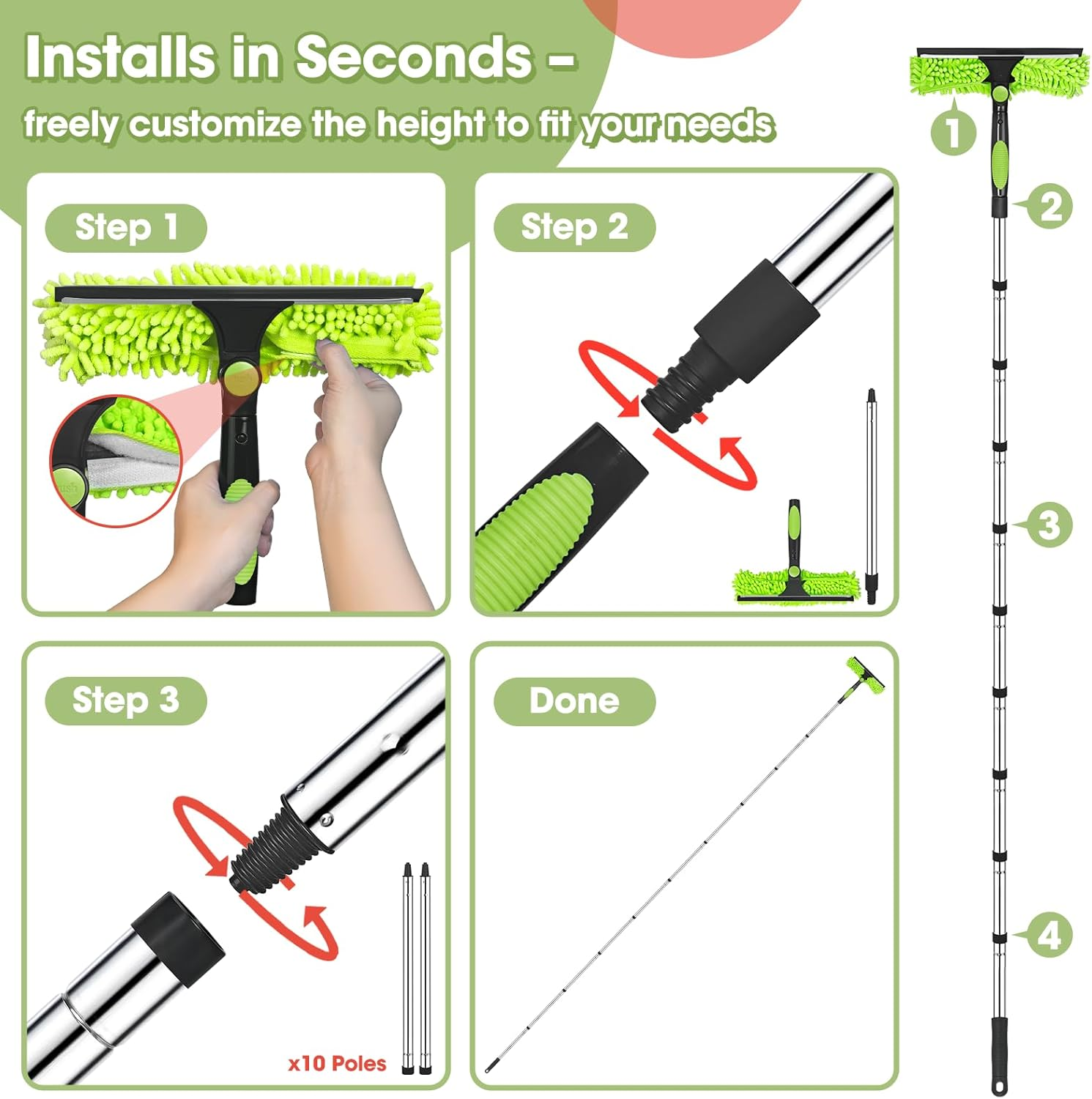 Window Cleaning Equipment, 400Cm Extendable Window Cleaning Pole with Silicone Squeegee & 3 Microfiber Mops, 2In1 Window Cleaning Kit for High Window, Long Reach Telescopic Window Cleaner Tool image number 2