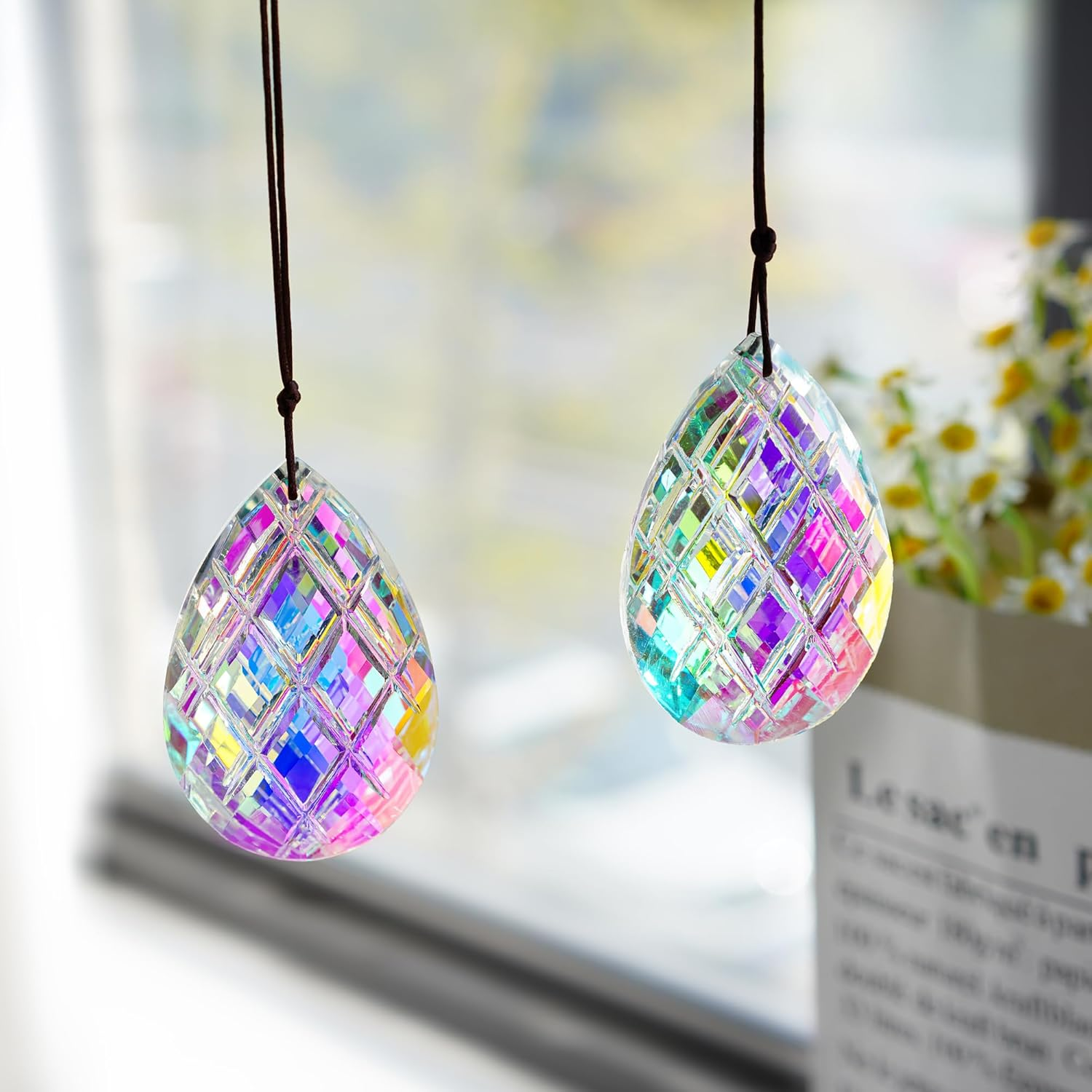 HDCRYSTALGIFTS Set 2 Crystal Sun Catcher Prisms Pendant for Window Hanging Decor,3Inch AB Colored Crystal Suncatchers Rainbow Maker Light Catcher for Home Indoor Garden Ornament