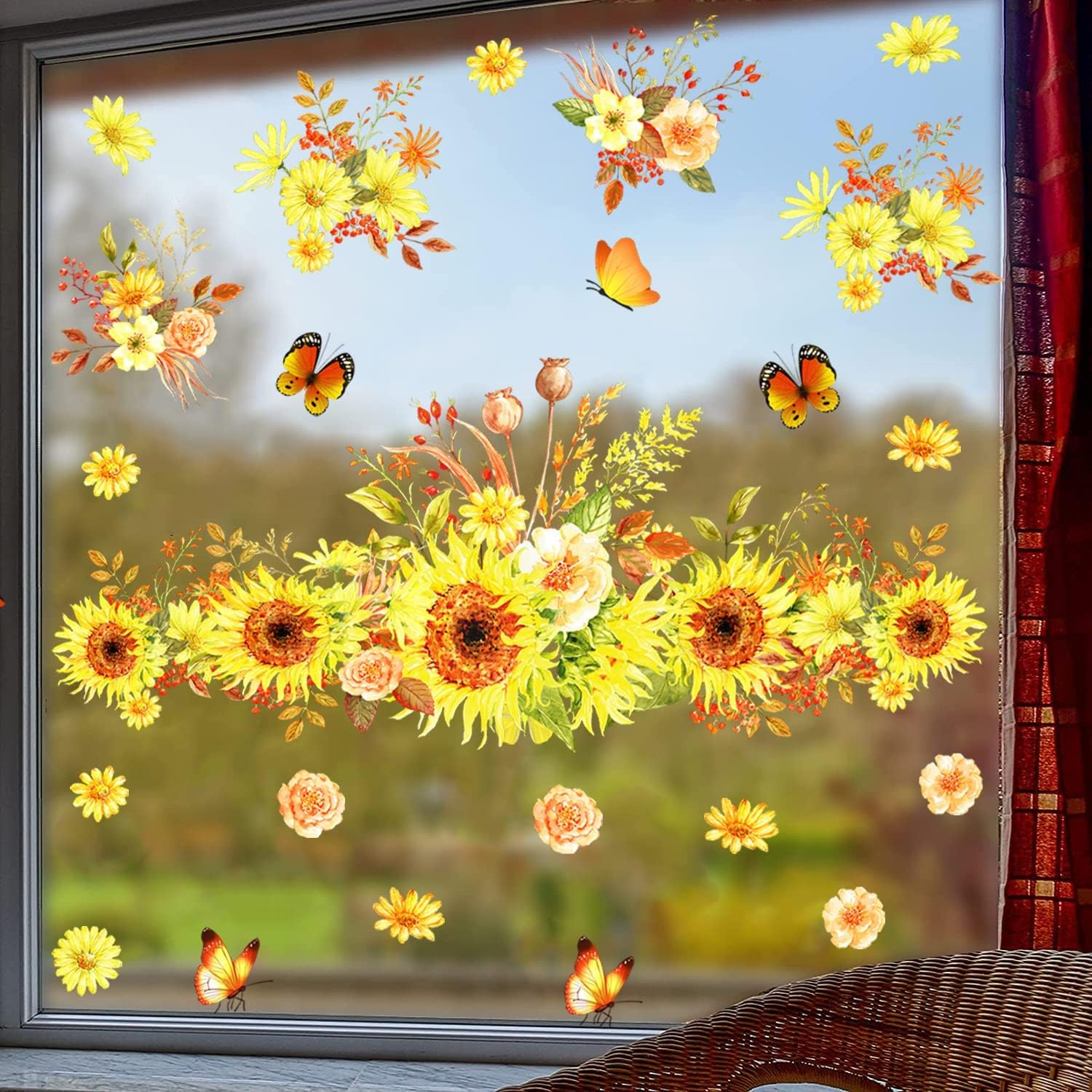 KOKOLAP Garden Flowers Window Clings,Flower Wall Stickers,Iris Florals Window Decals Peel and Stick,Green Leaves Wall Vinyl Decal,Butterfly Bouquet Wall Art Decor for Girls Bedroom Kitchen Living Room