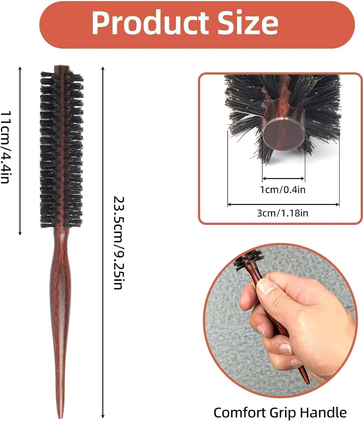 Boar Bristle round Brush, Small Hair round Brush, Portable Natural Bristles, Hair Brush, Travel Brush with Wooden Handle for Short Hair, Thin Long Hair, Mini Beard Brush for Men and Women image number 3
