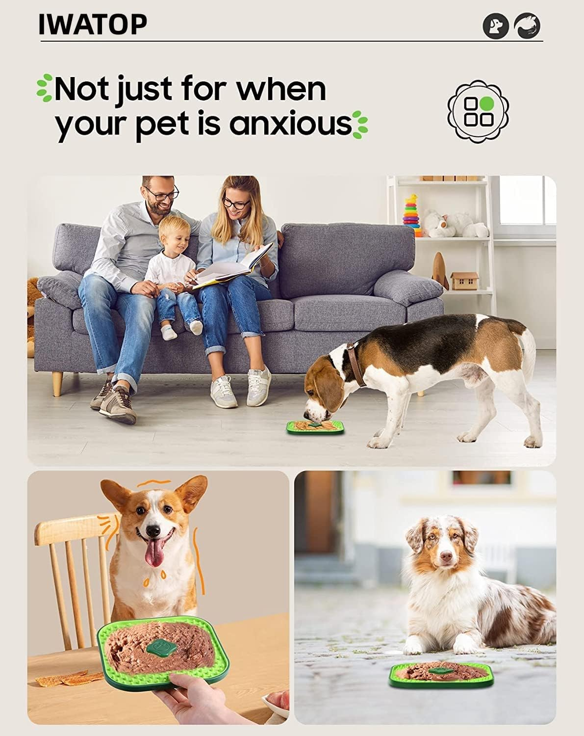 Licking Mat for Dog Crate ＋Scraper Lick Mats for Interaction with Dogs Versatile Licking Mat for Boredom Reducing Dog Anxiety Safe Secures to Crate Peanut Butter Dog for Training Aid (Green Square) image number 3