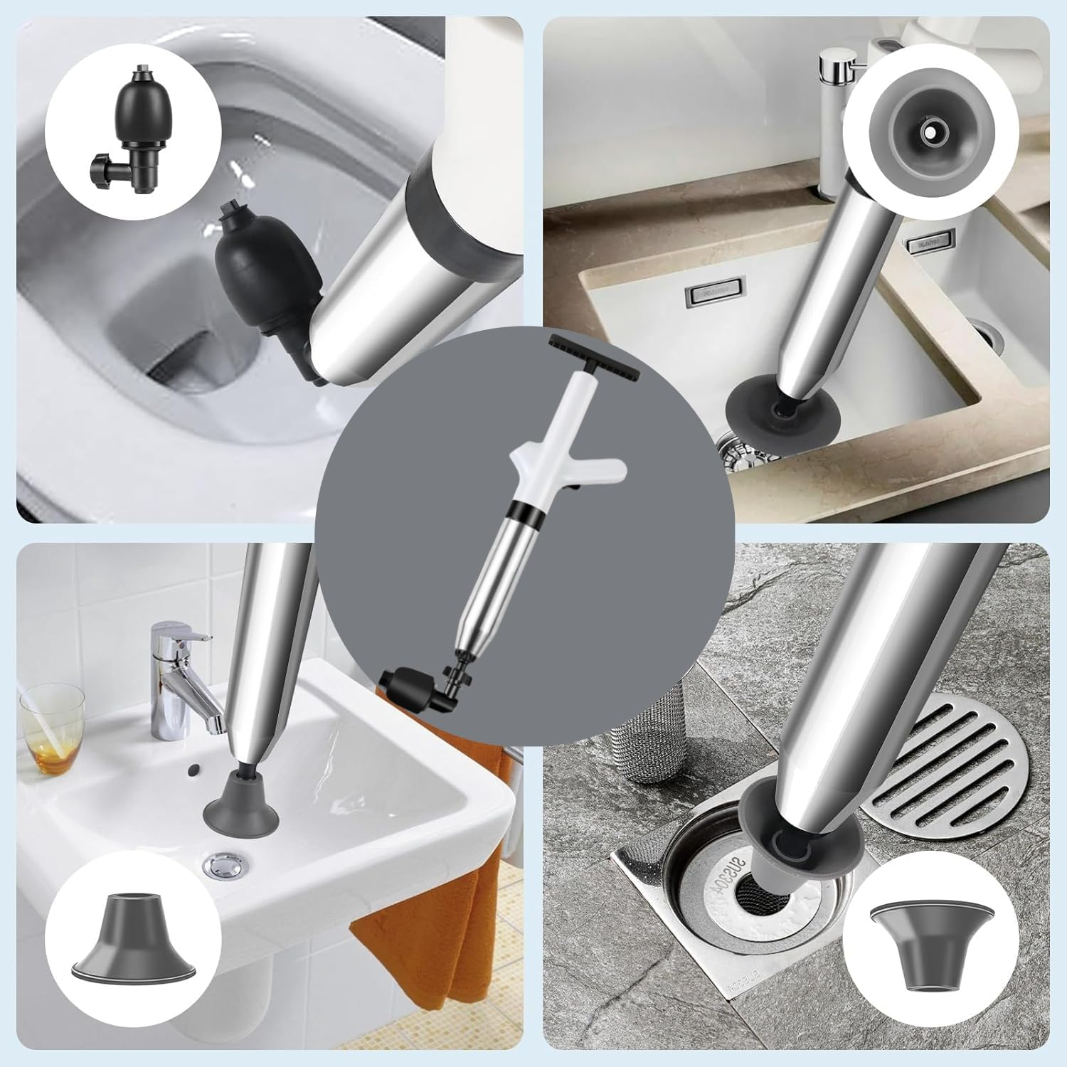 Toilet Plunger, Drain Cleaner Pump, Compressed Air Pipe Cleaner Kit (4 Suction Adapters), Plunger Drain for Cleaning Toilets, Sink, Bathtub, Floor, Drain image number 3