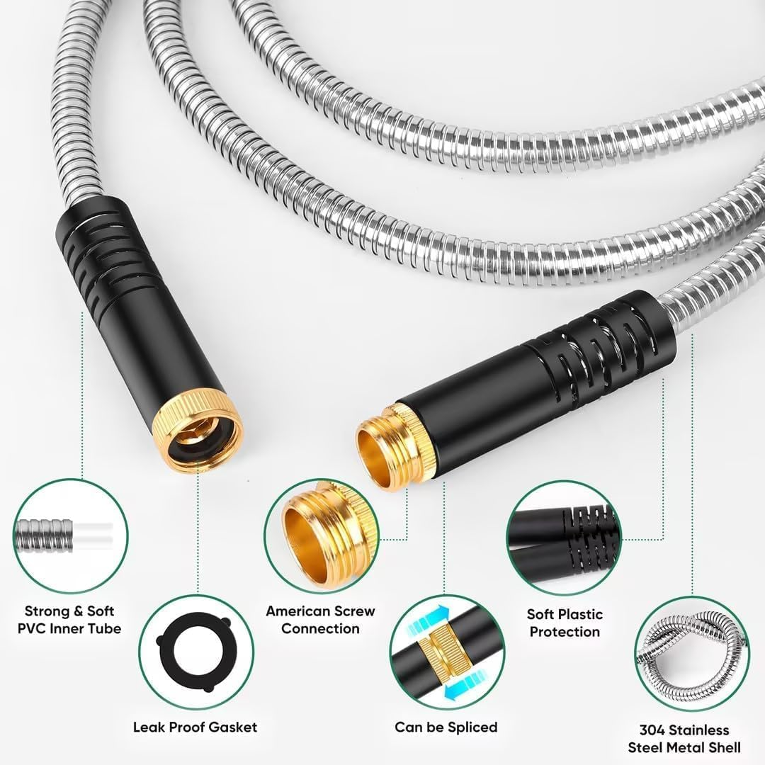 304 Stainless Steel Garden Hose 50Ft, Heavy Duty Water Hose with 10 Functional Nozzles, No Kink, Lightweight and Flexible, Easy to Use and Store, Strong and Sturdy, Suitable for Yard and Lawn image number 3