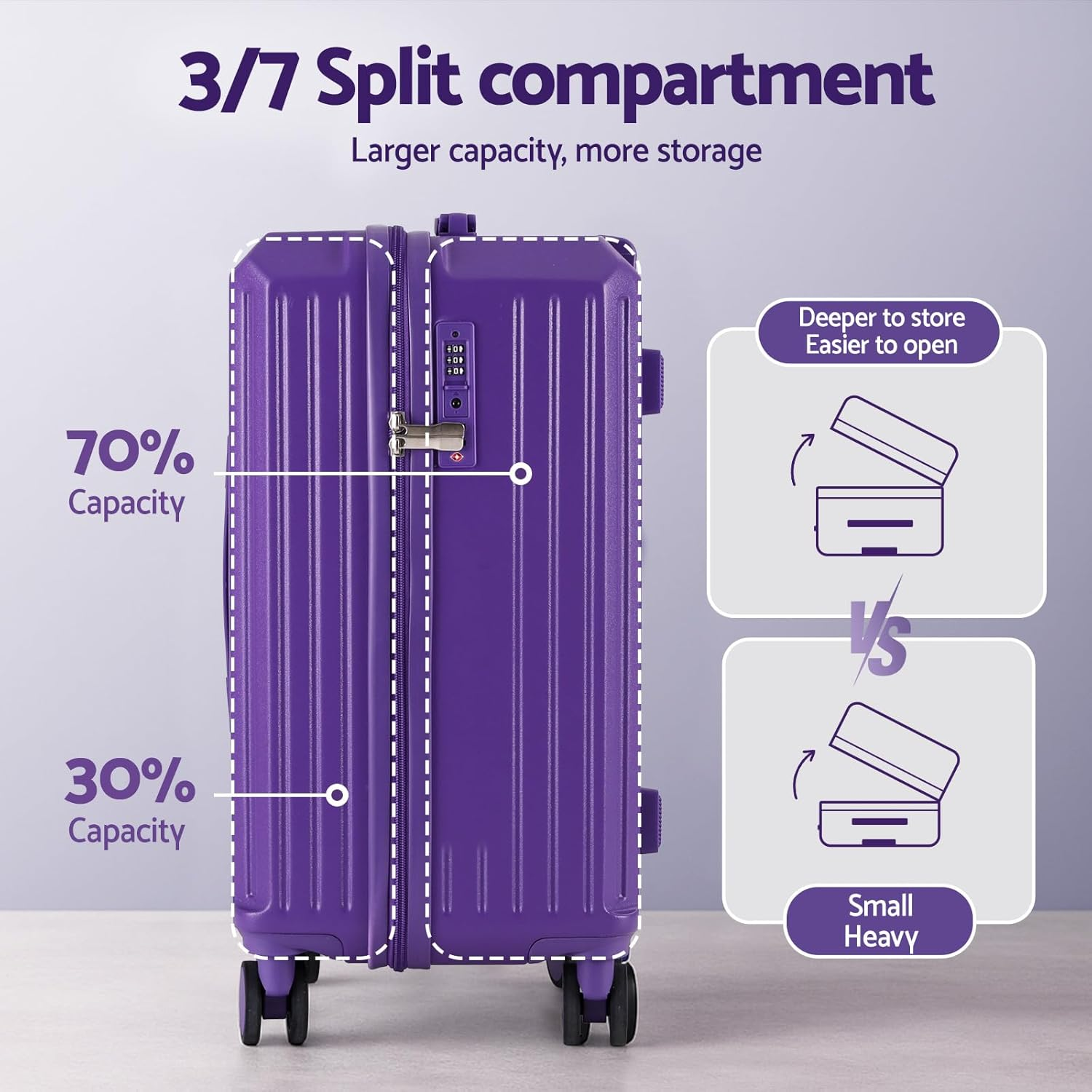 Wanderlite 2Pcs Trunk Luggage Set, 20&rsquo;&rsquo; Suitcase with Larger Capacity, Carry on Luggage with Phone Holder & Hook, TSA Lock, Lightweight Hardshell, Purple image number 5