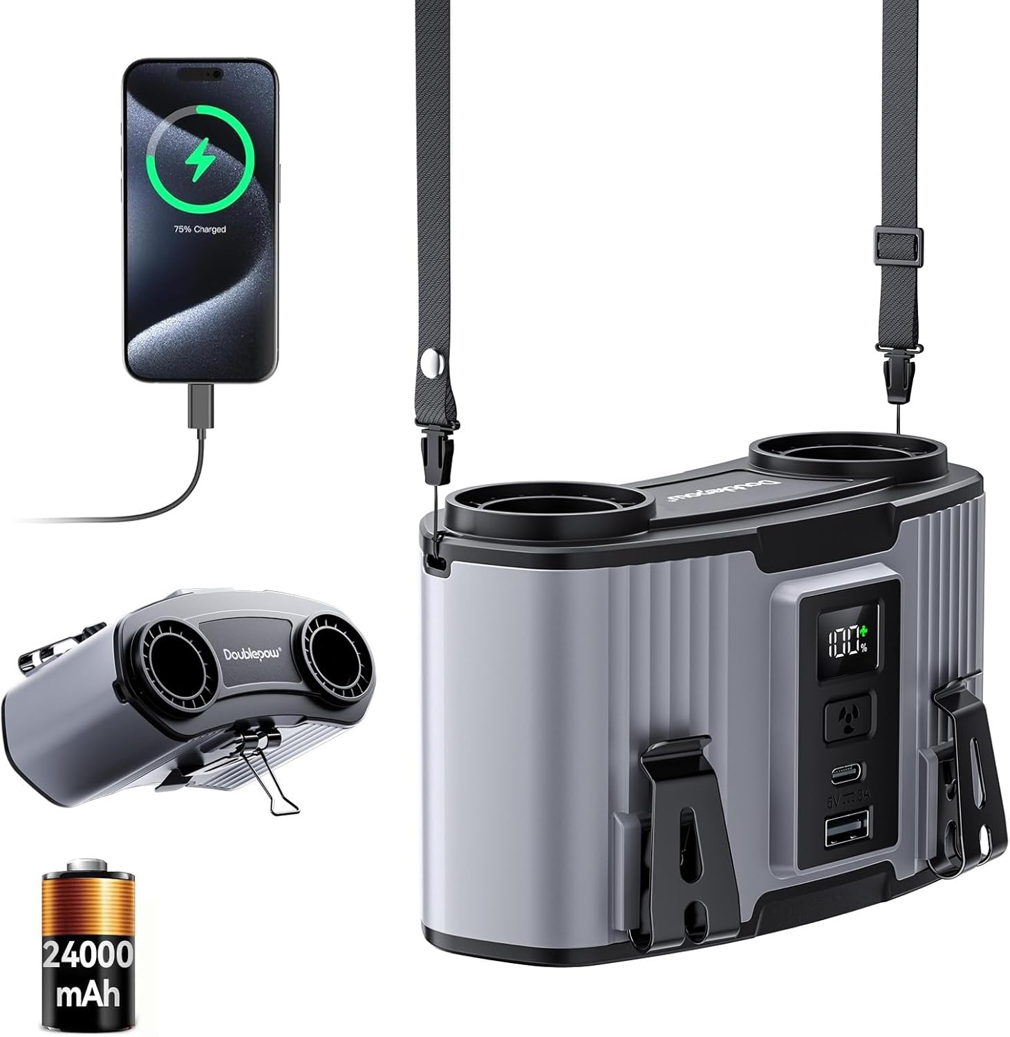 24000Mah Portable Waist Fan, USB Rechargeable Clip on Belt Fan, Dual Air Ducts with Dual Motors, 10 Adjustable Wind Speeds, Airflow Wearable Neck Fan for Camping, Outdoor, Travel, Jobsite