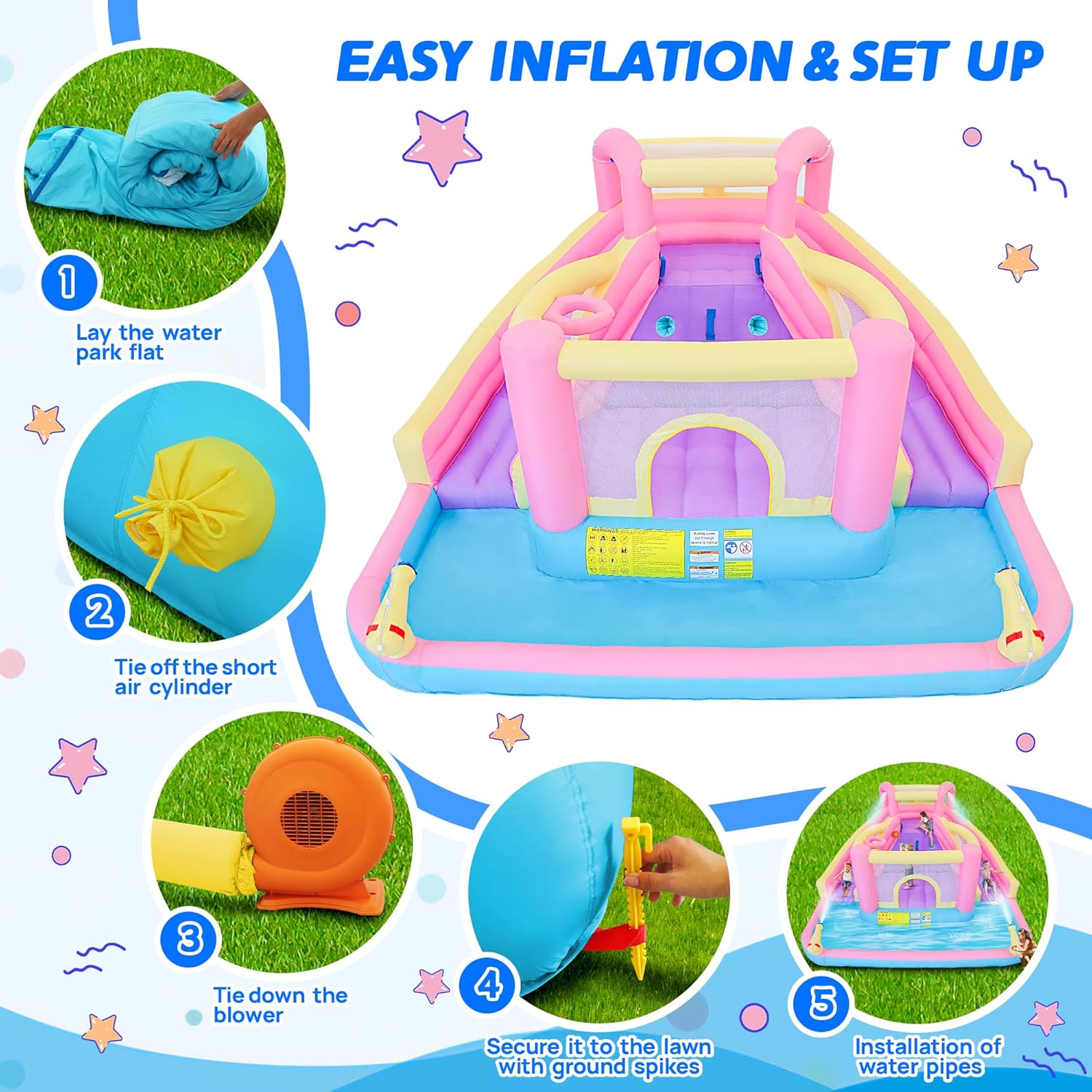 Inflatable Water Park with 2 Blow up Water Slides, 370 X 314 X 185 Cm Kids Water Park with Basketball Rim, Climbing Wall, Splash Pool, 2 Water Cannons and Blower image number 3