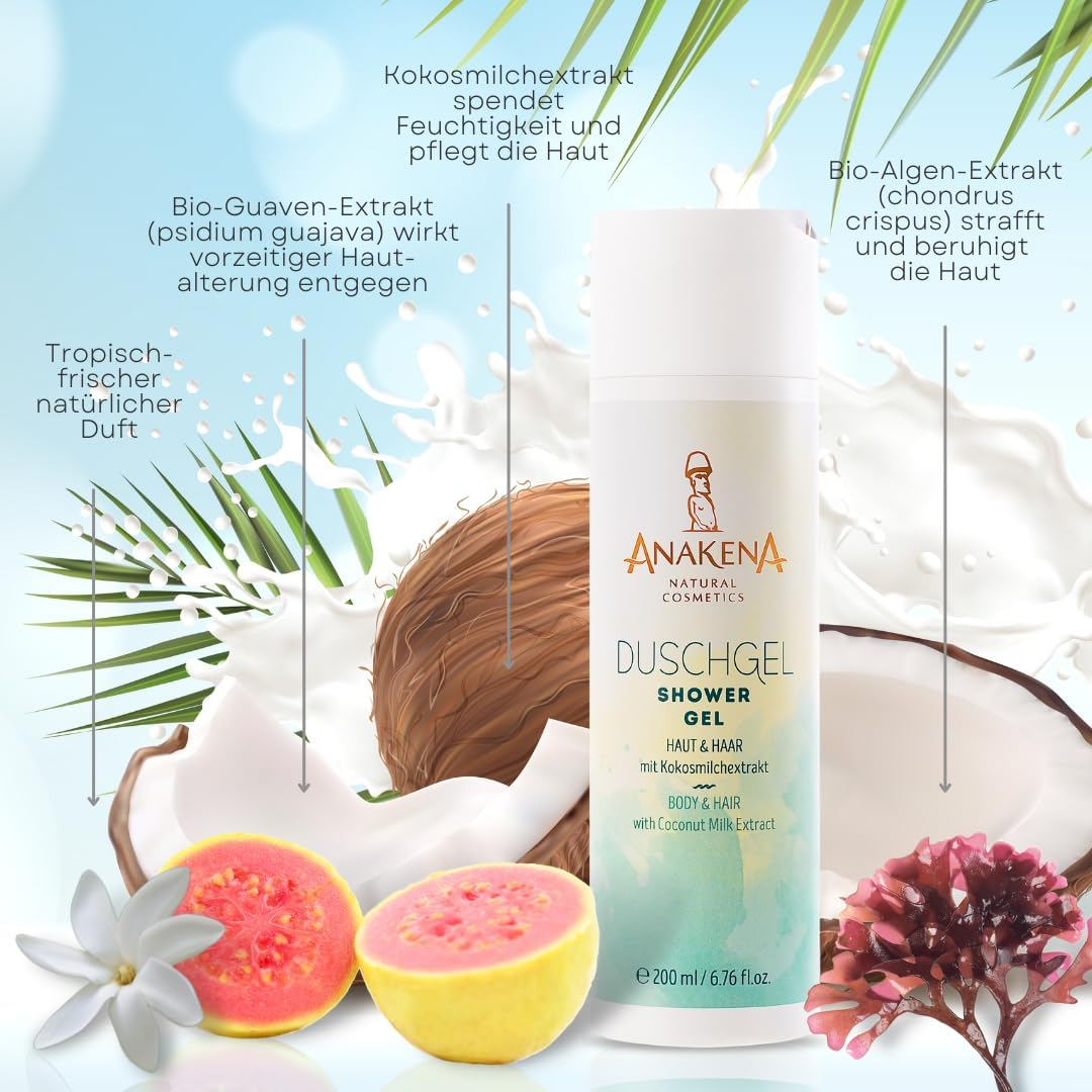 ANAKENA Natural Cosmetics - Natural Cosmetics - Shower Gel for Skin and Hair, Tropical Fragrance, with Coconut Milk Extract, Vegan, No Microplastics, 200 Ml, Women and Men image number 6