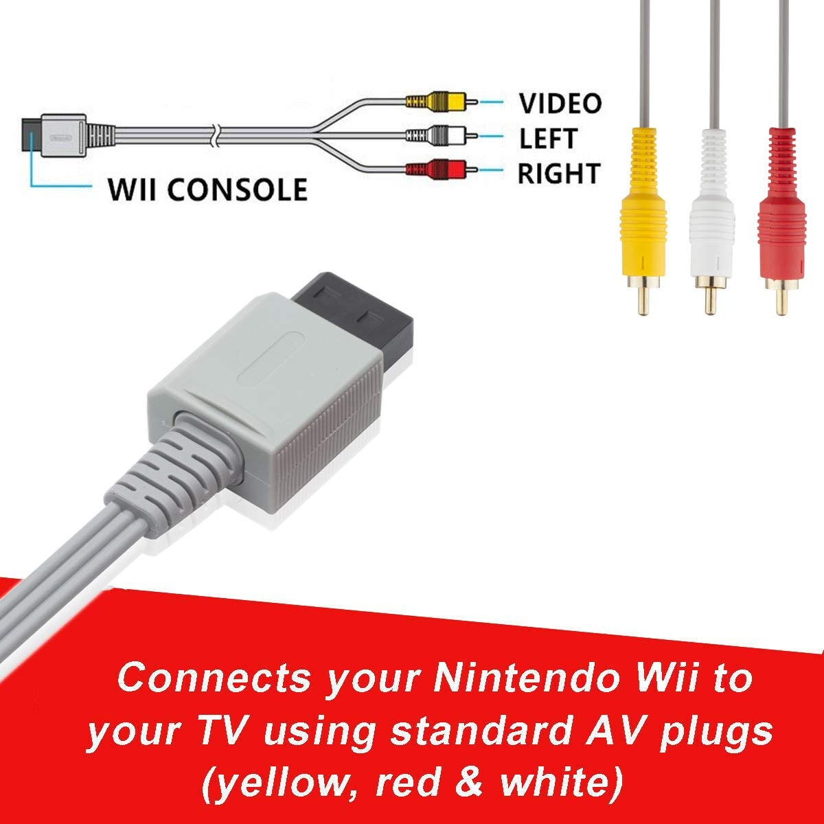 TENINYU AV Cable for Wii Wii U, 6FT Composite 3 RCA Gold-Plated Cable Cord Wire Main 480P Compatible Wii/Wii U TV HDTV Display image number 3
