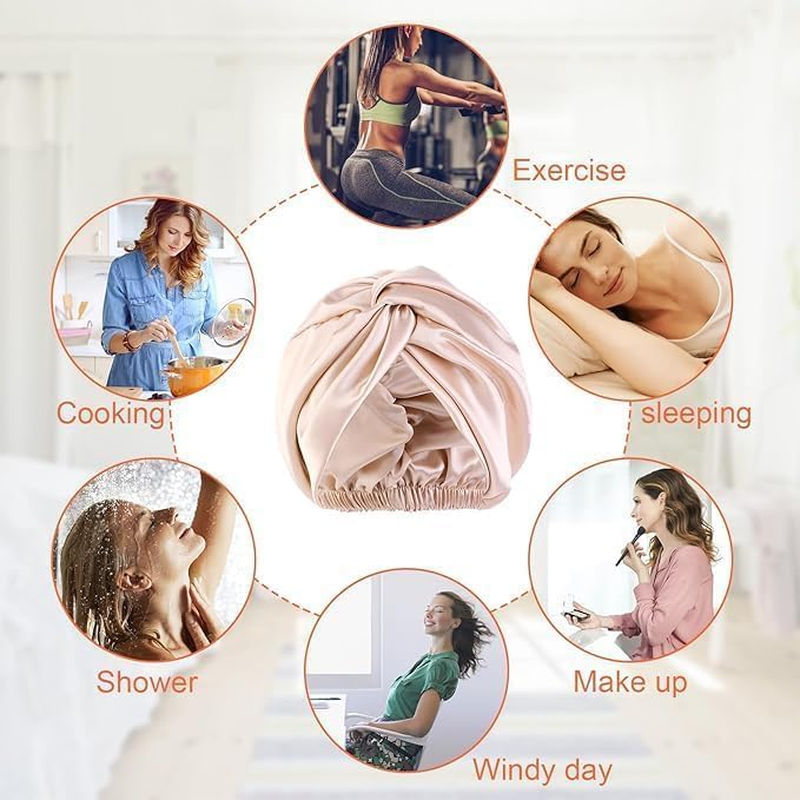 Silk Hair Wrap for Sleeping Silk Bonnet Night Sleep Cap for Curly Hair Double Layer Soft Silky Head Scarf Shower Caps for Women Hair Beauty Satin Bonnet with Adjustable Elastic Washing Makeup（Khaki ）26*23CM image number 1