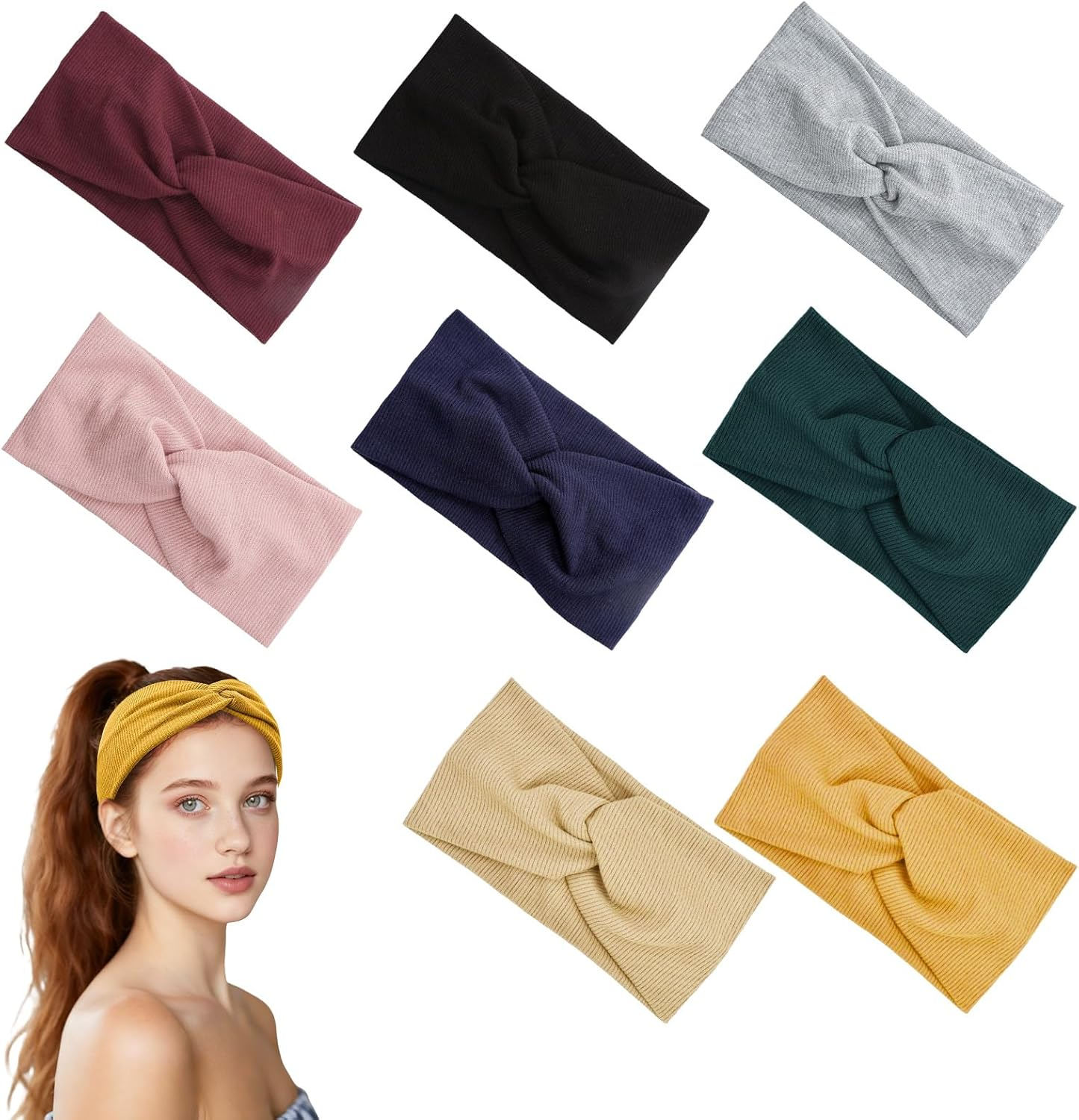 VEGCOO 8Pcs Wide Headbands for Women Large Turban Headband Soft Non Slip Boho Fashion Knotted Hair Bands Hair Accessories for Women image number 1